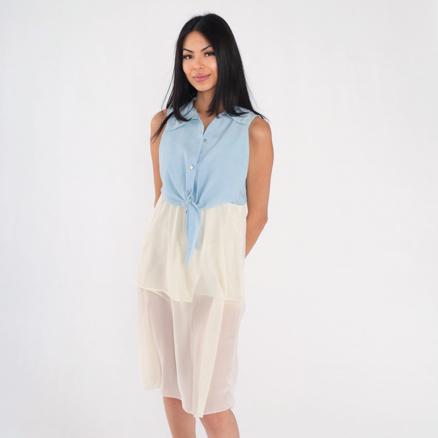 00s Tie Front Mini Dress Blue Bodice White Chiffon Sleeveless Small S