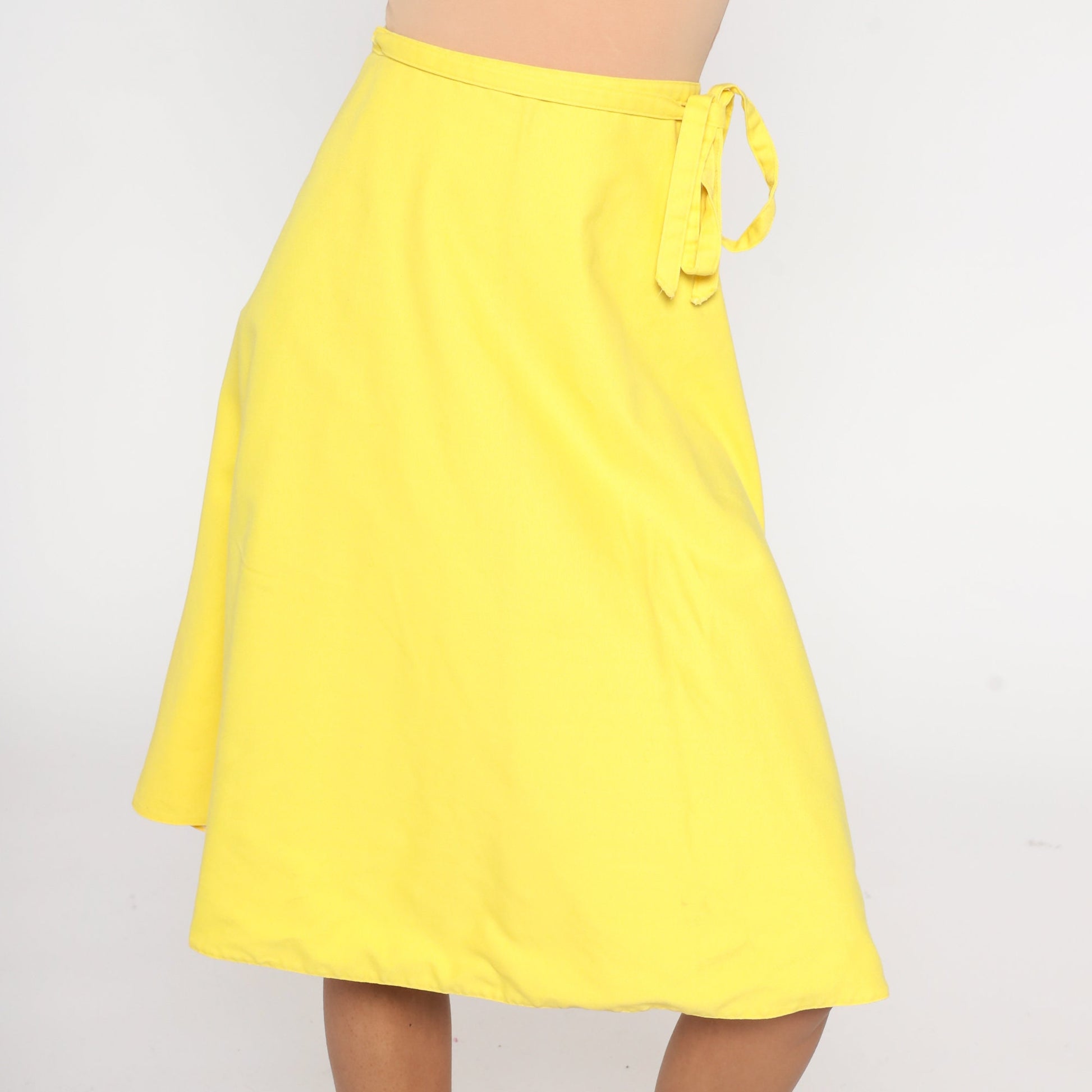 80s Yellow Wrap Skirt High Waisted Midi Cotton Blend Medium 8