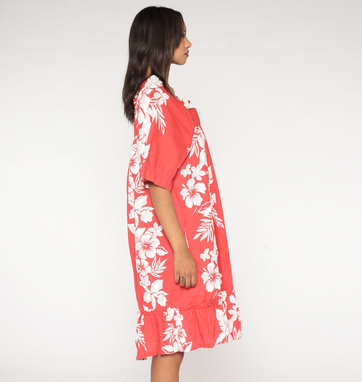90s Hawaiian Floral Tent Dress Red Tropical Aloha Print Midi Medium