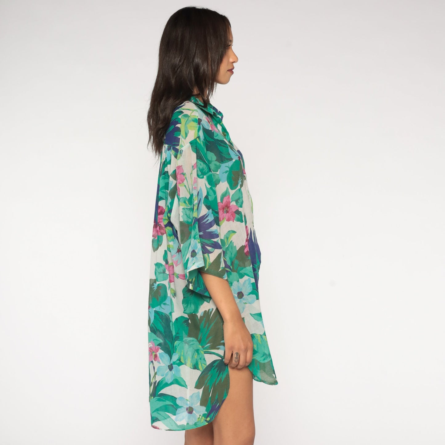 80s Floral Shirtdress White Mini Dress 3/4 Sleeve Button-Up Large