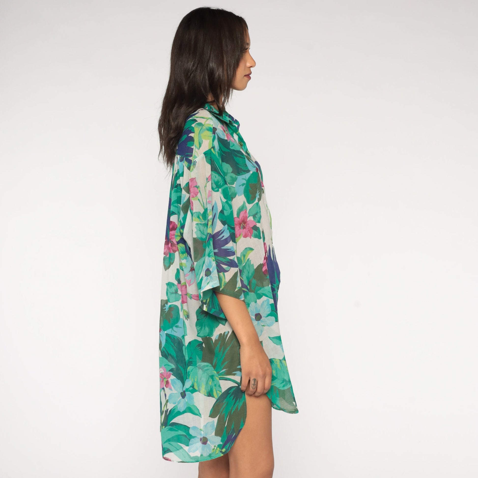 80s Floral Shirtdress White Mini Dress 3/4 Sleeve Button-Up Large
