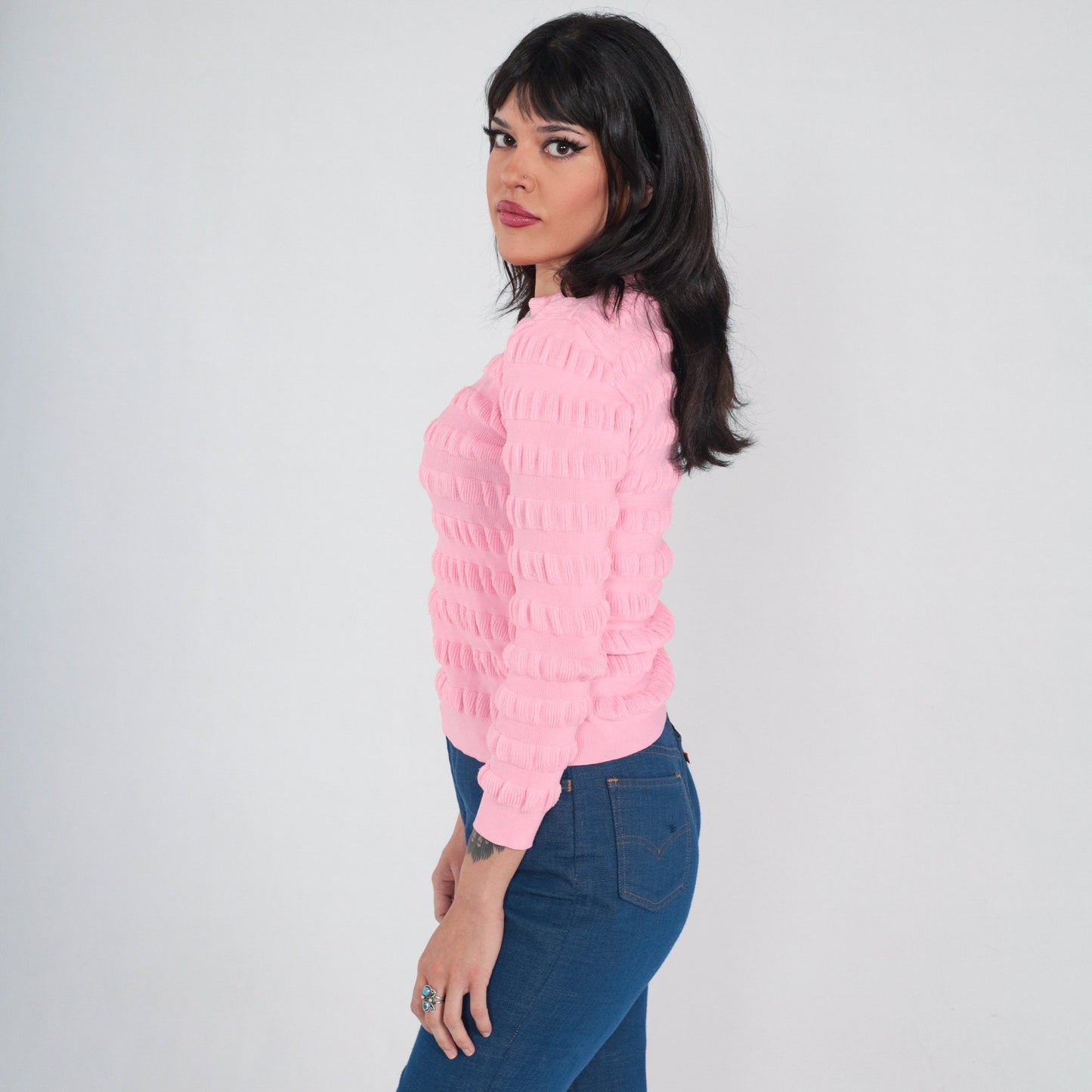 70s Bubblegum Pink Textured Knit Pullover Sweater Extra Small