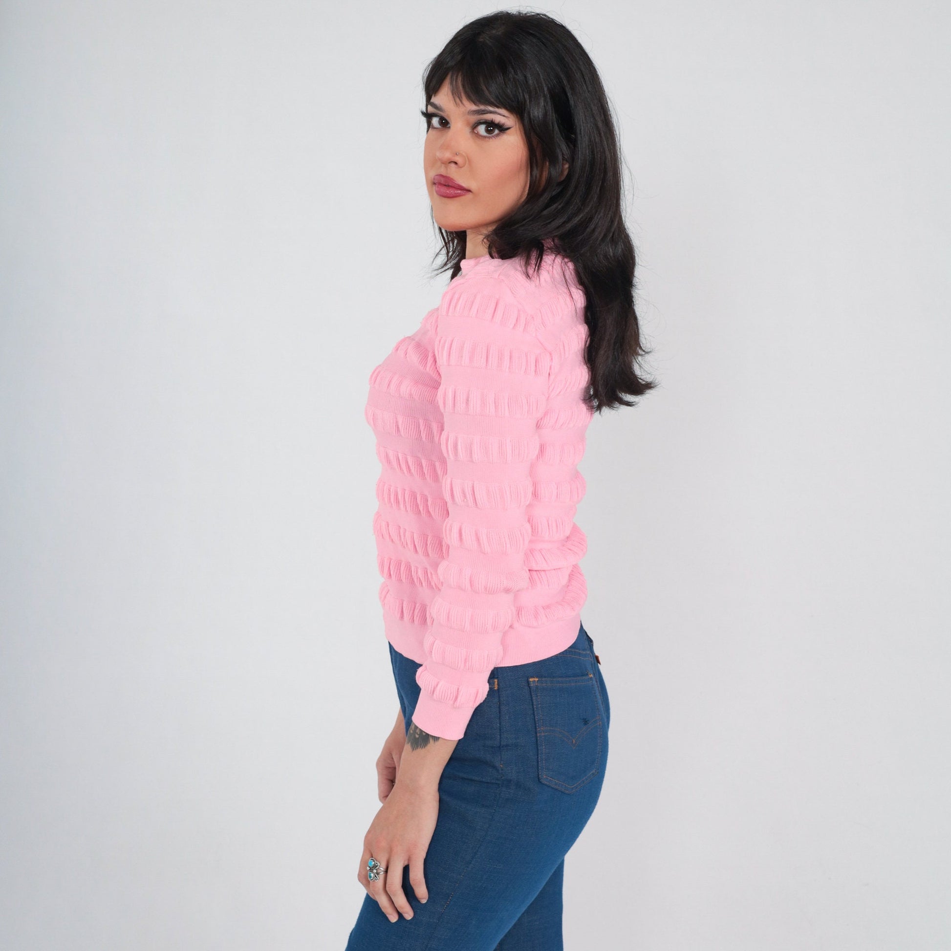 70s Bubblegum Pink Textured Knit Pullover Sweater Extra Small