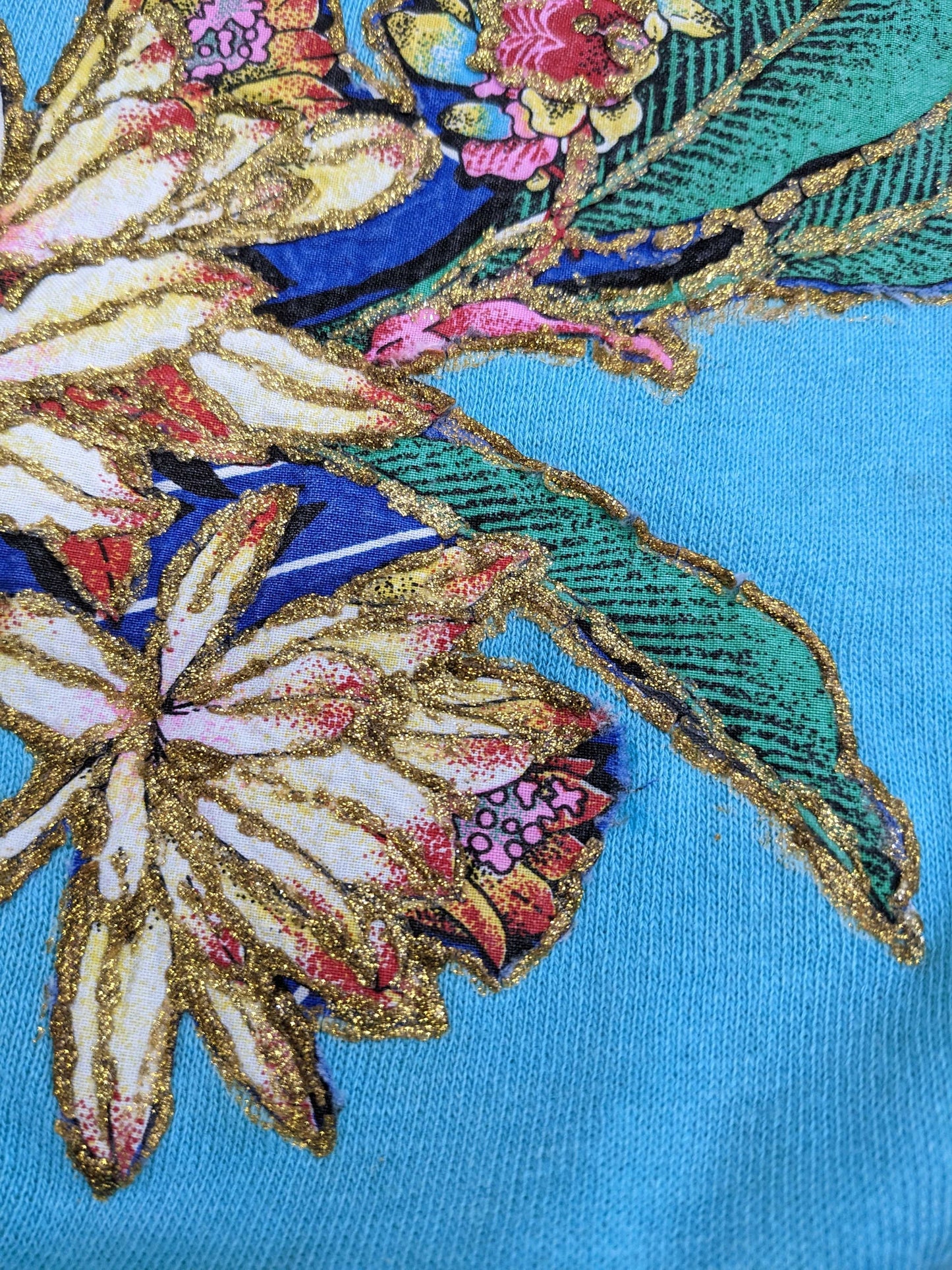 90s Glitter Floral Butterfly Sweatshirt Teal Blue Raglan Graphic XS