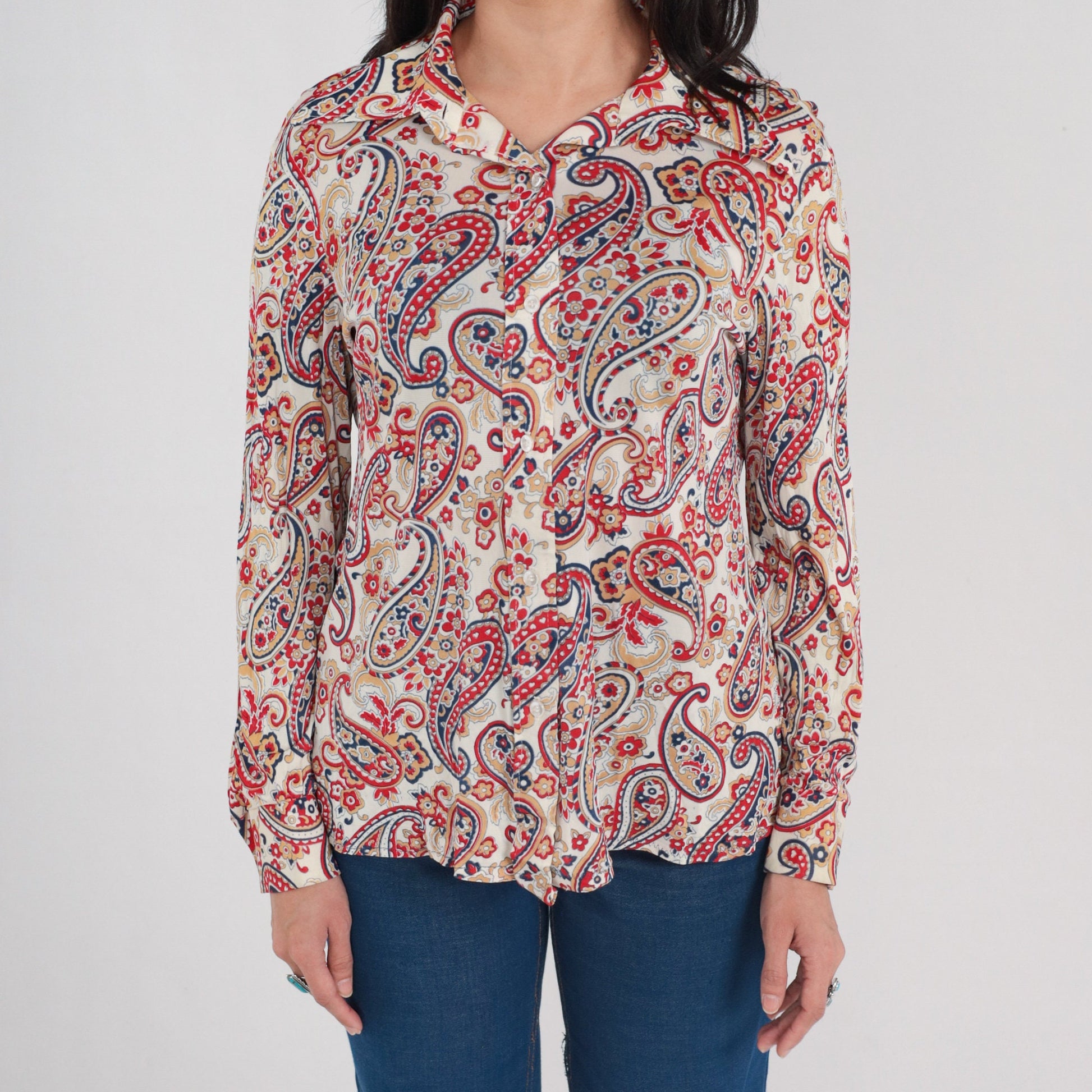 70s Paisley Floral Button-Up Blouse Long Sleeve Collared Shirt White Red Blue Tan Large L