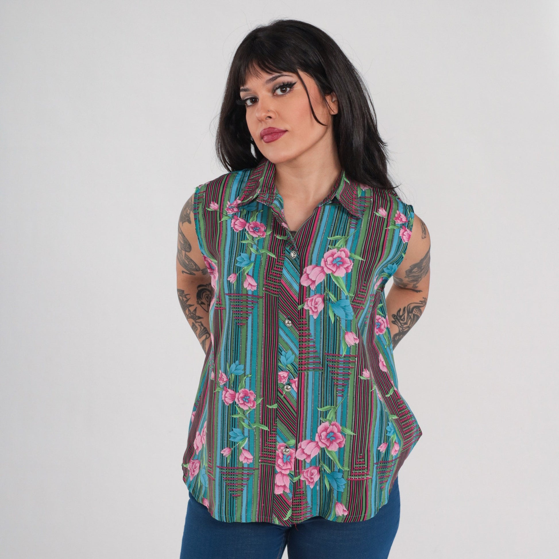 70s Striped Floral Button-Up Tank Top Collared Sleeveless Blouse Large