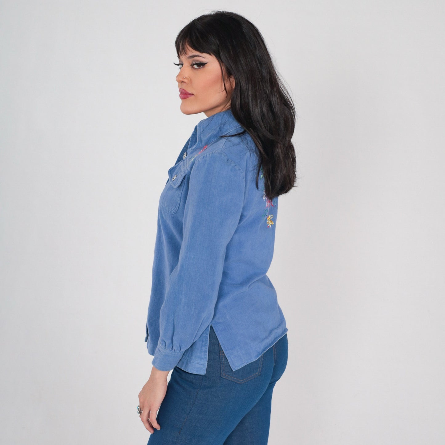 70s Floral Embroidered Denim Shirt Blue Cotton Button-Up Small