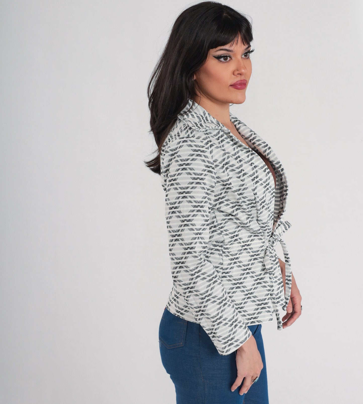 70s Checkered Tie Front Blazer White Black Striped Plaid Jacket Small