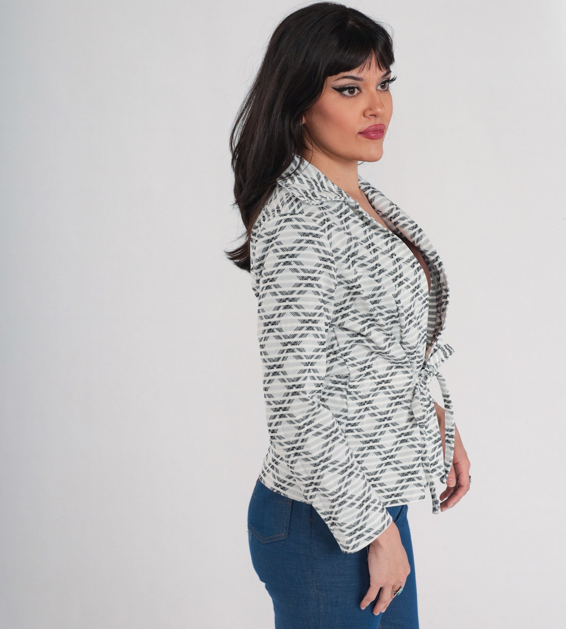 70s Checkered Tie Front Blazer White Black Striped Plaid Jacket Small