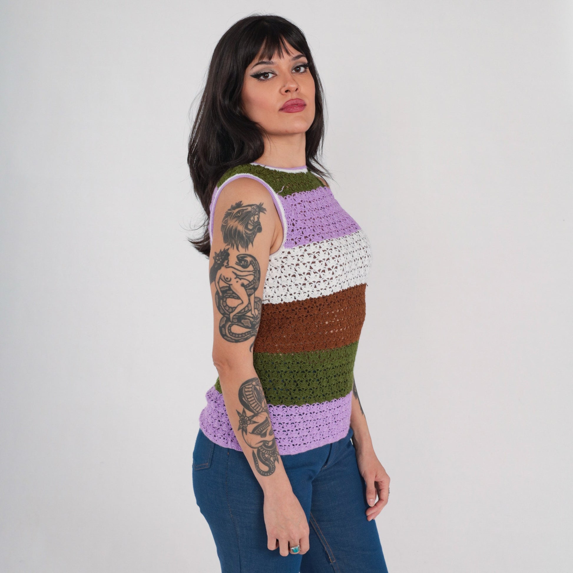 70s Striped Crochet Tank Top Multicolor Knit Sleeveless Small