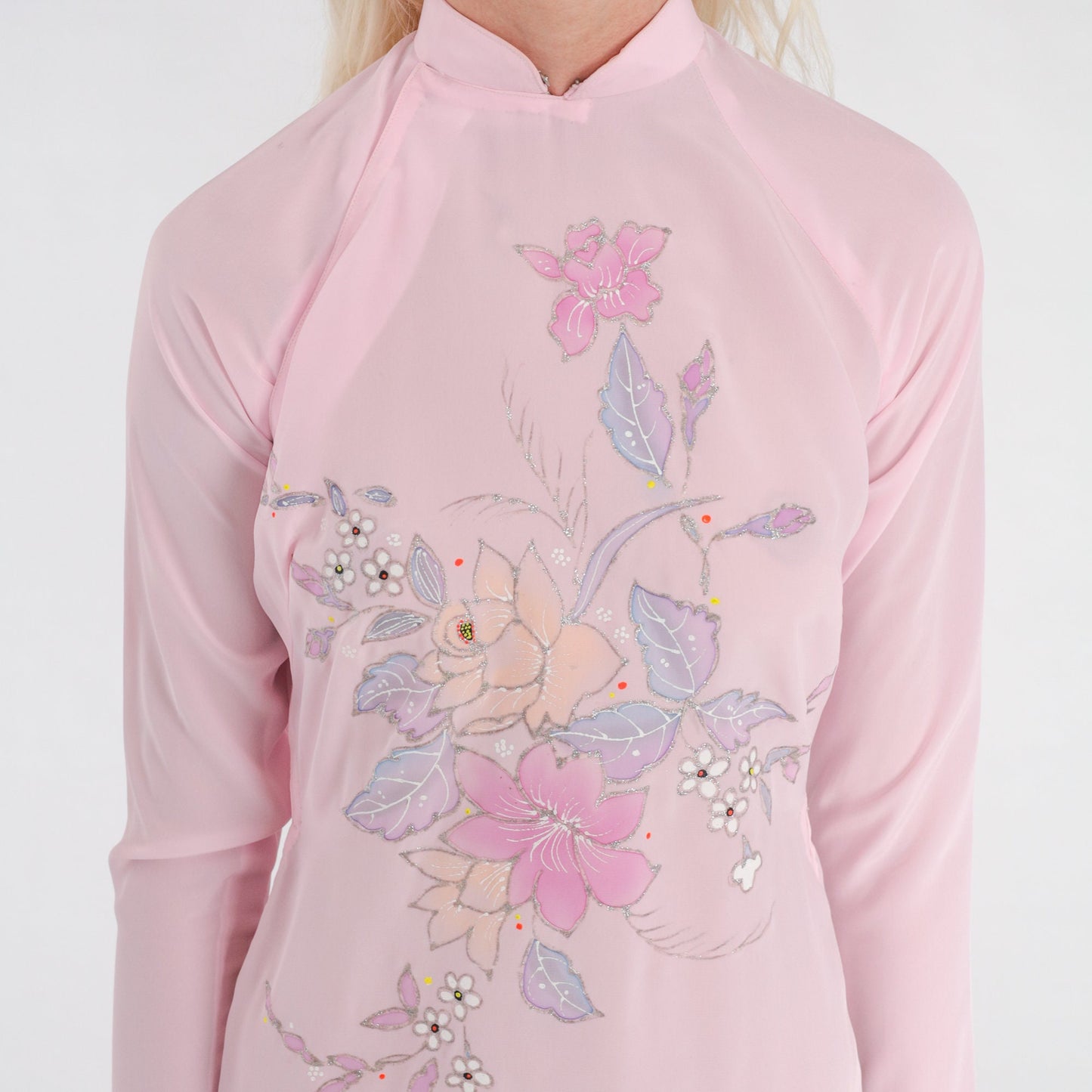 70s Ao Dai Dress Pink Floral Glitter Midi Mandarin Collar High Slit XXS