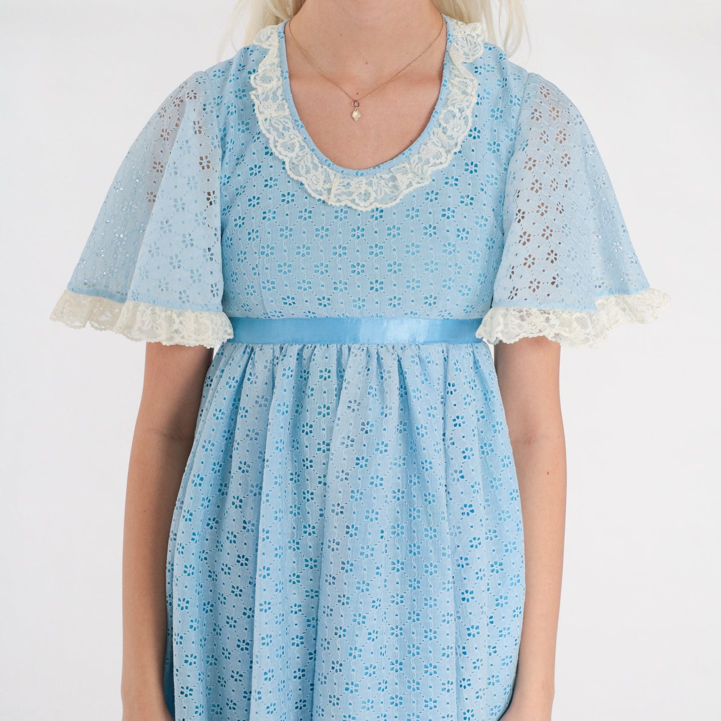 70s Blue Eyelet Maxi Dress Empire Waist Flutter Sleeve Lace Trim Ankle Length Extra Small XS