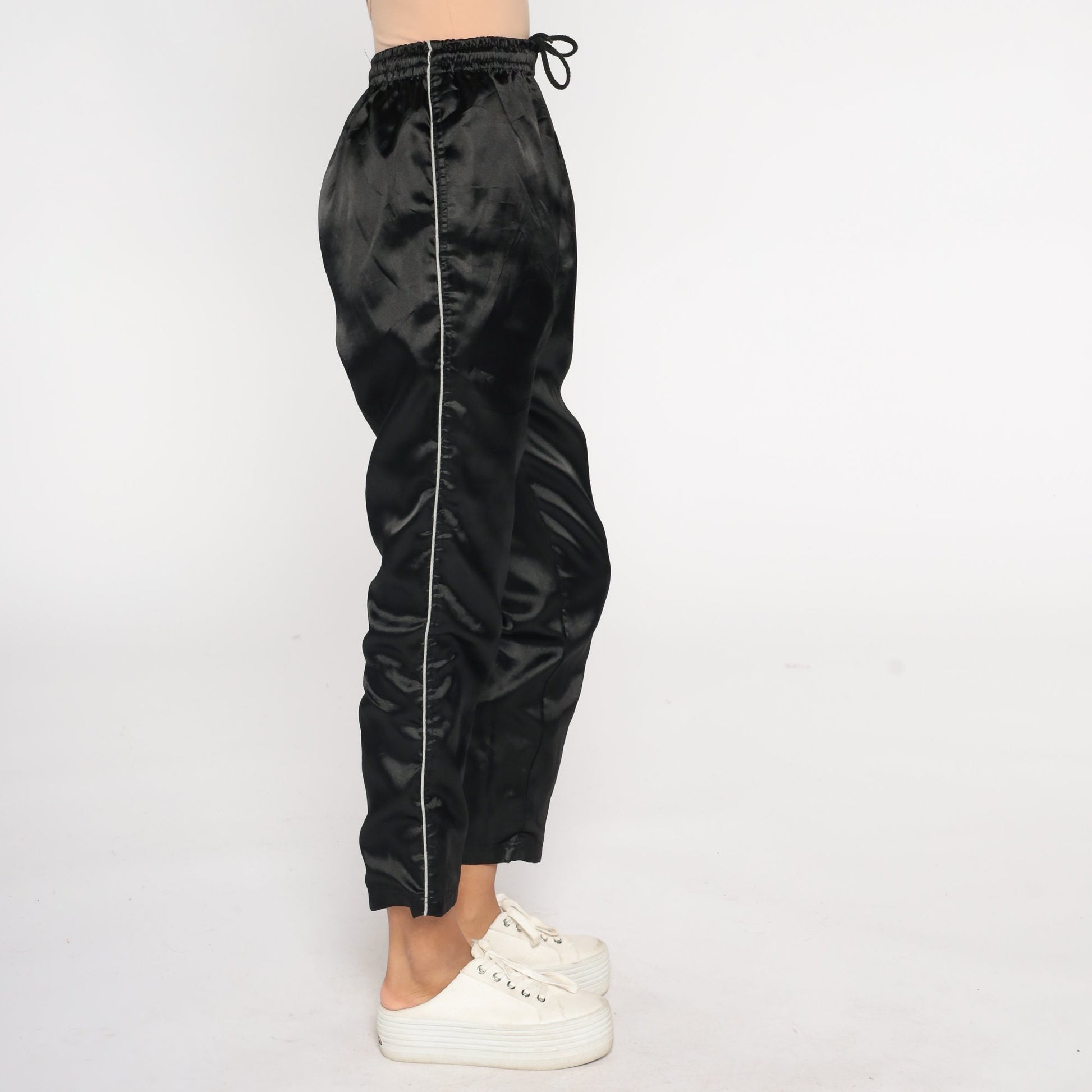 90s Black Track Pants White Stripe Shiny Joggers Small S