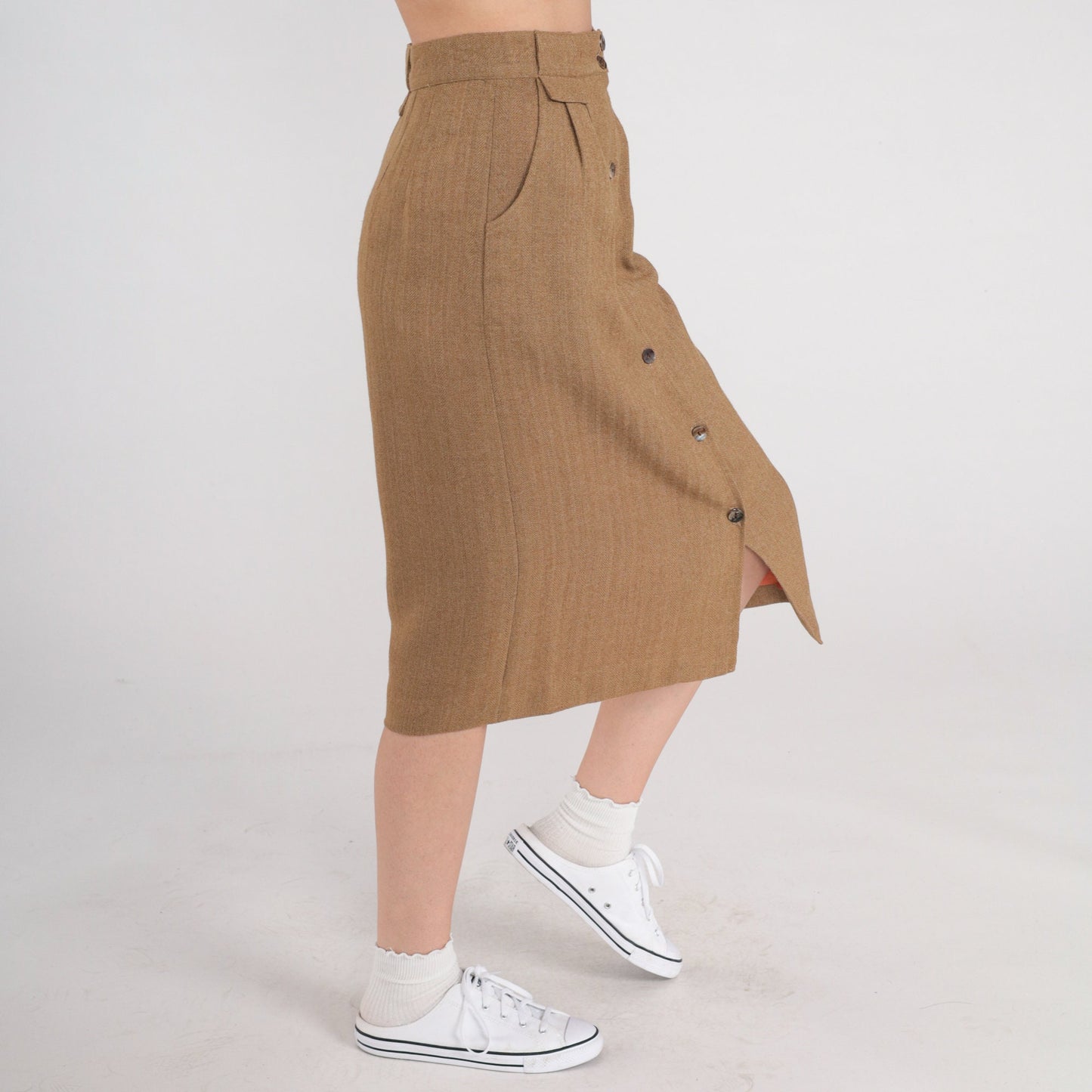 80s Brown Wool Midi Skirt High Waist Pleated Button Front Pockets Extra Small