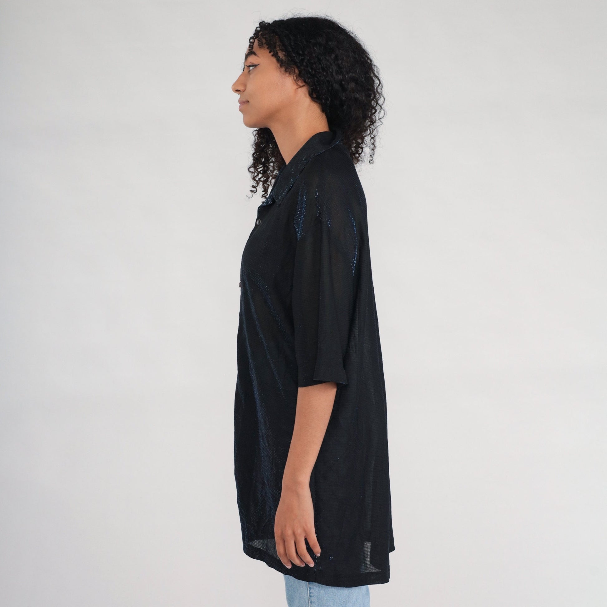 90s Metallic Blue Sparkle Sheer Black Button-Up Blouse Short Sleeve Extra Large XXL