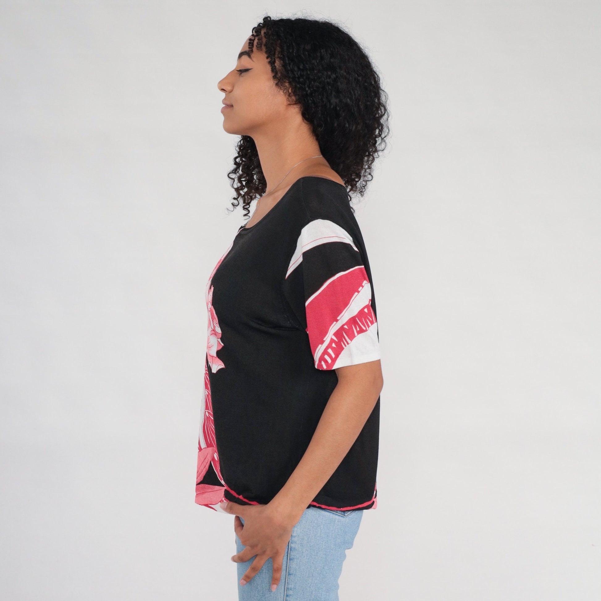 Y2K Floral Knit Shirt Black Pink Abstract Short Sleeve Extra Large