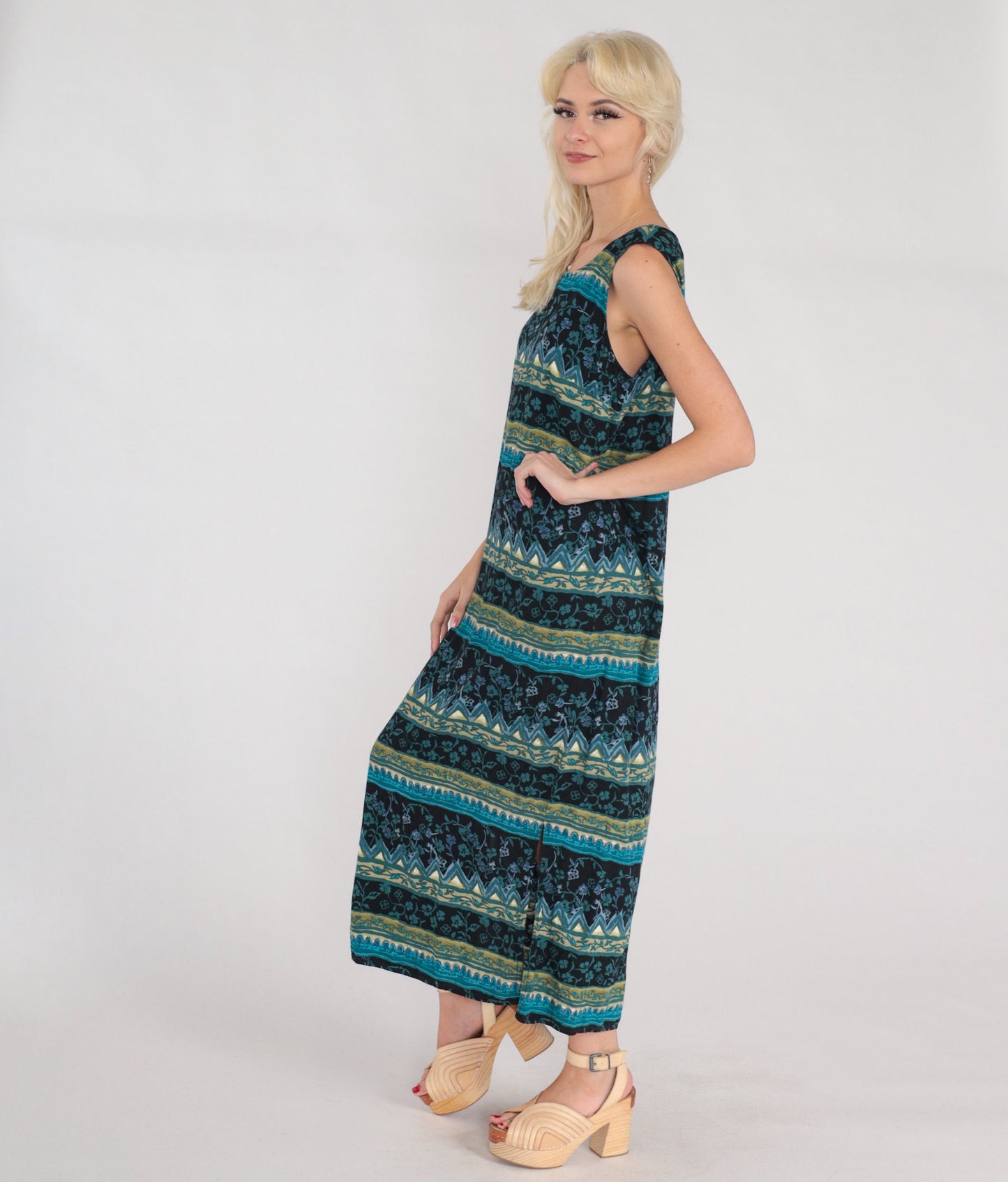 Y2K Striped Floral Maxi Dress Sleeveless Shift Black Blue Side Slit Large L