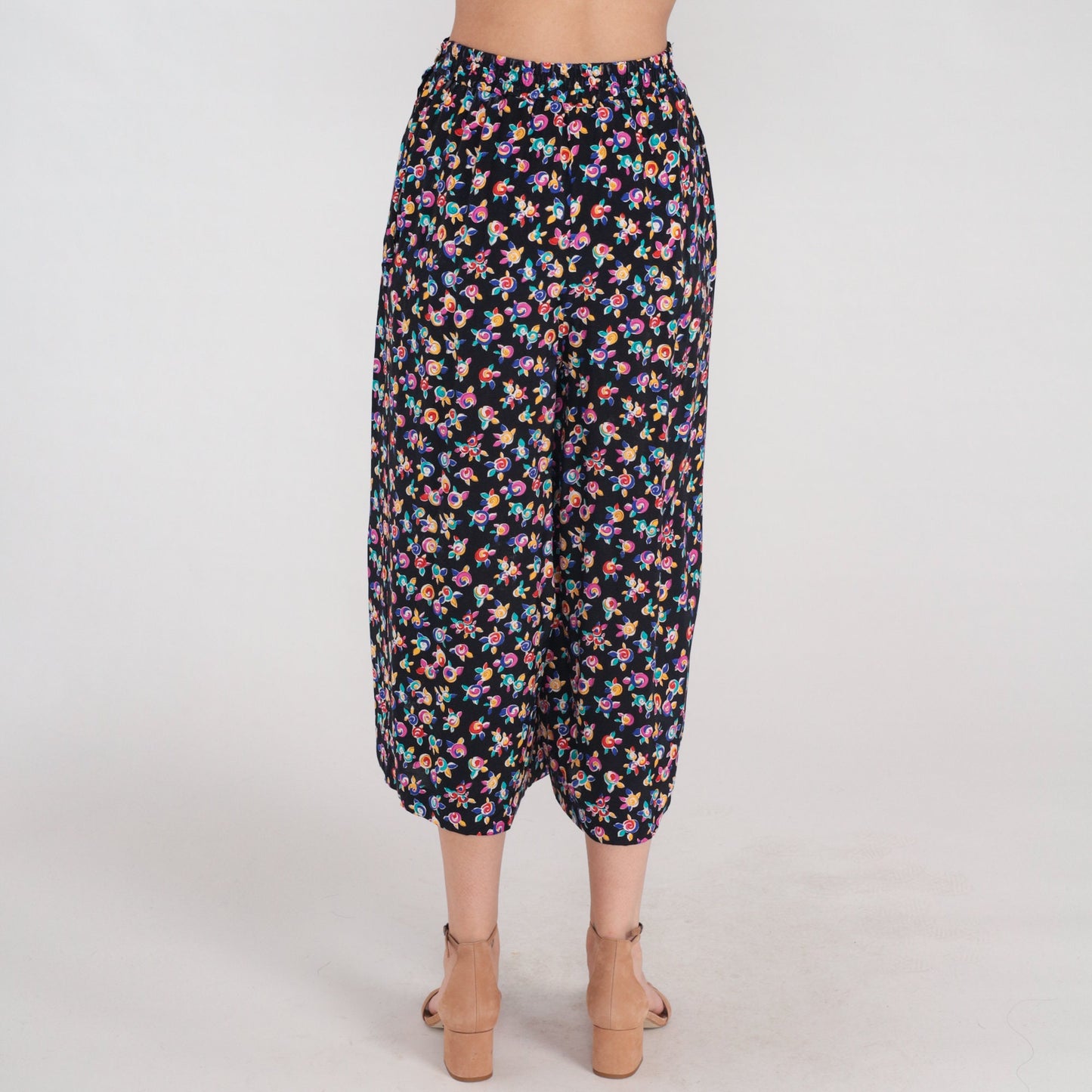 90s Black Floral Midi Skirt High Waist Pleated Rose Print Small