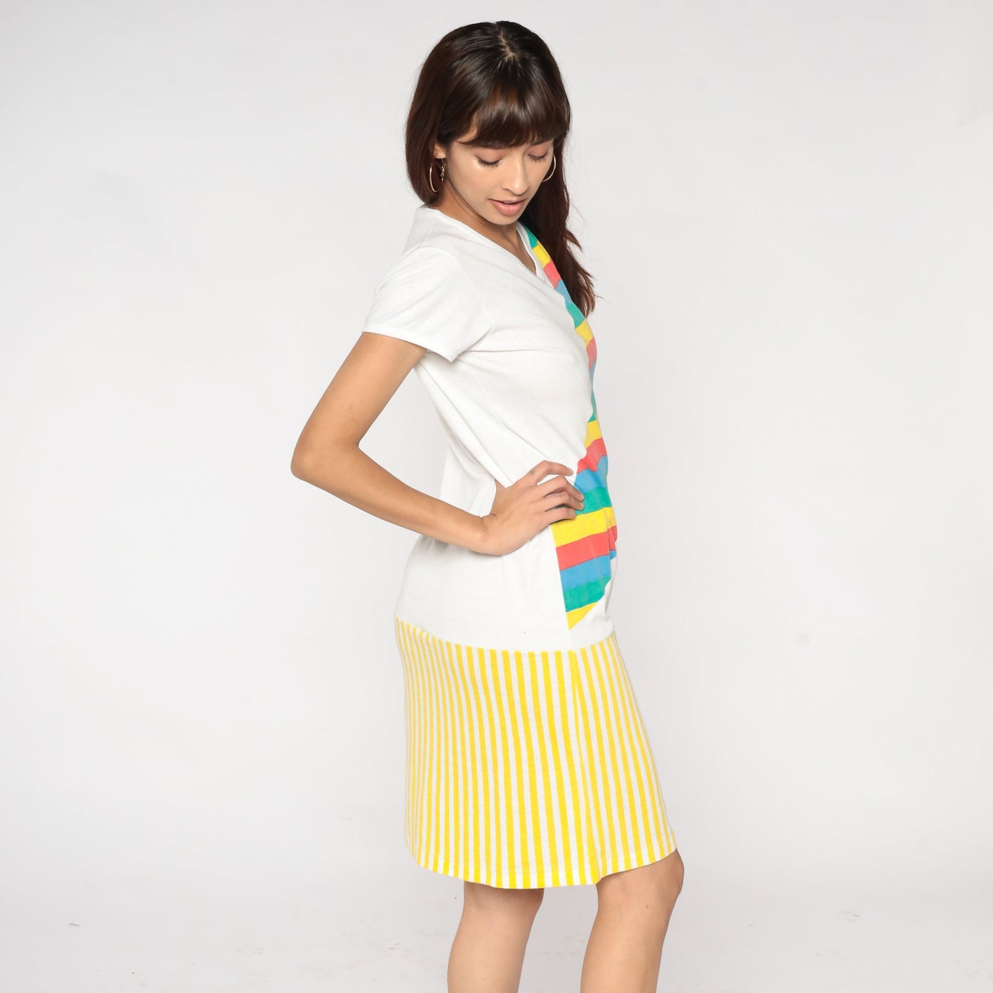 80s Rainbow Sash Striped T-Shirt Dress White Yellow Mini V-Neck Small S