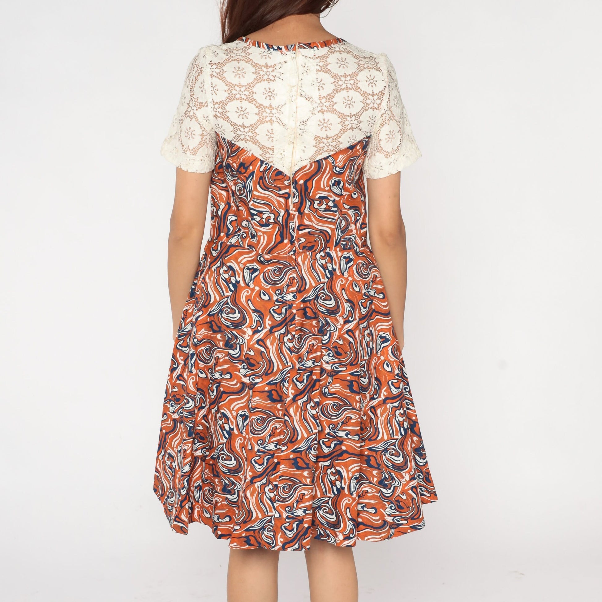 80s Abstract Marble Print Mini Dress Lace Yoke High Waist Short Sleeve Small