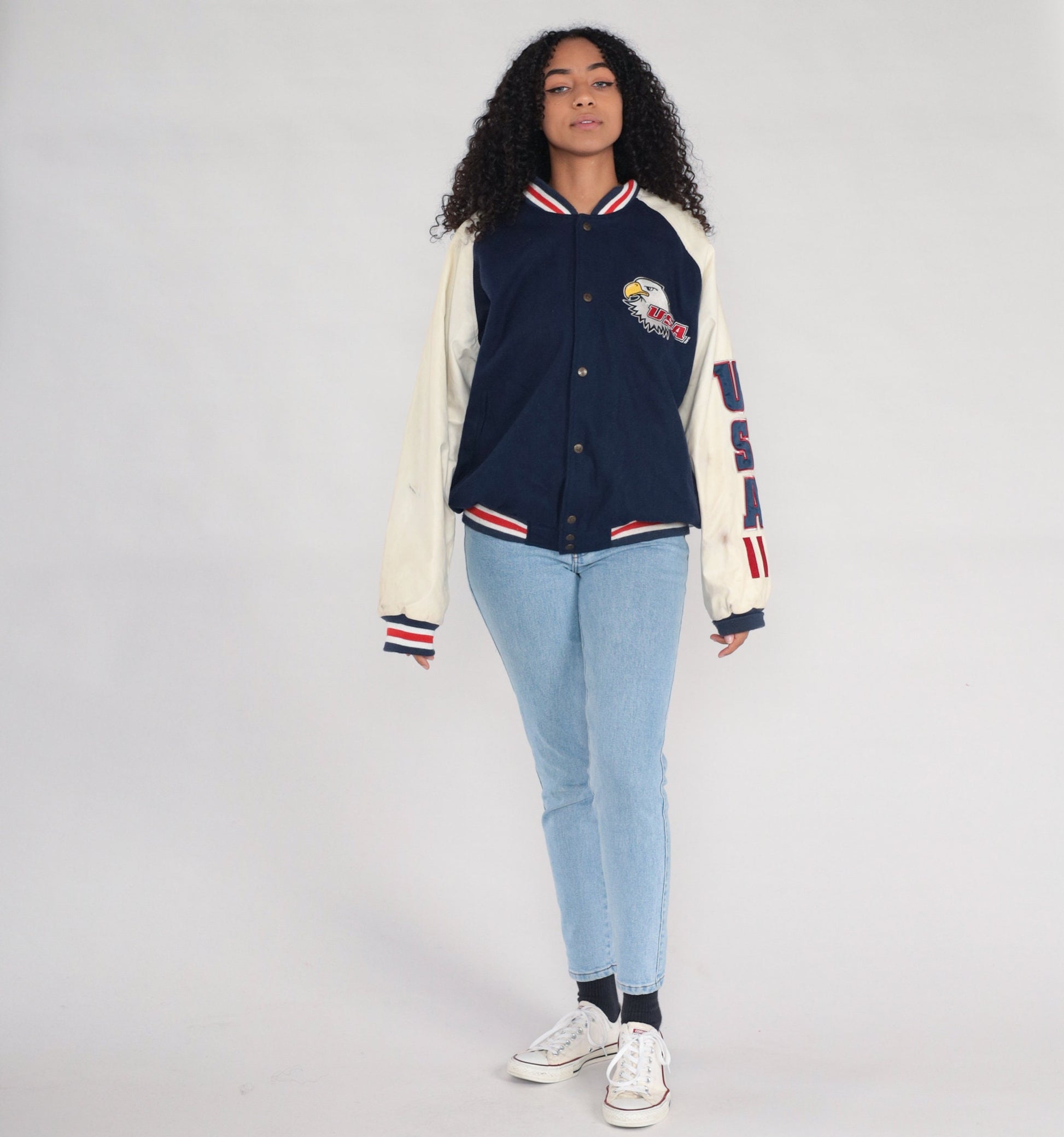 00s Steve & Barry's Eagle USA Bomber Jacket Navy Wool Large