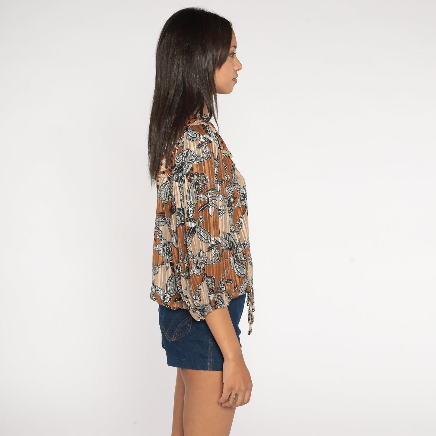 80s Diane Freis Paisley Floral Crop Top Puff Sleeve Blouse Brown Medium Large