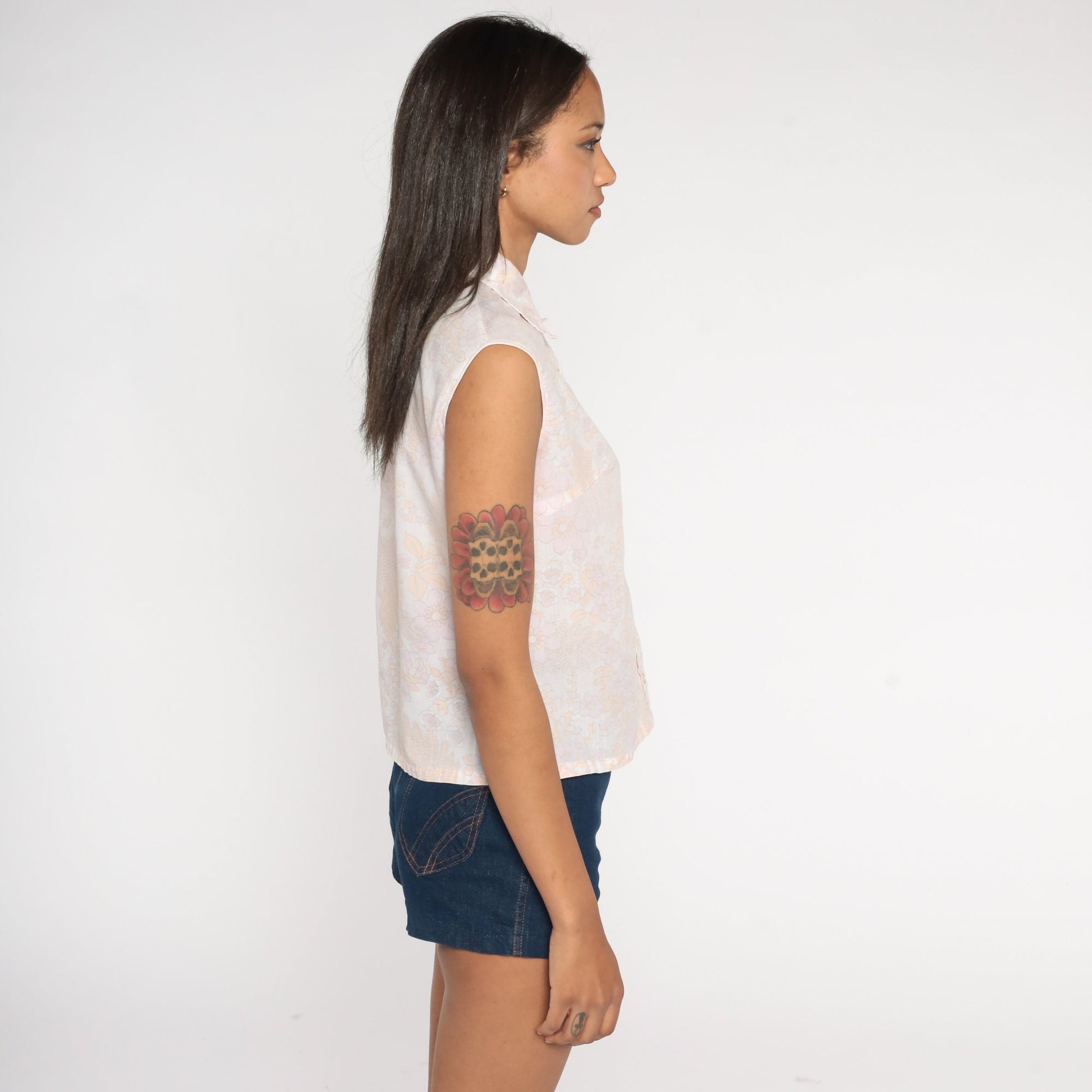 70s Floral Tank Top White Lavender Button-Up Sleeveless Blouse Small