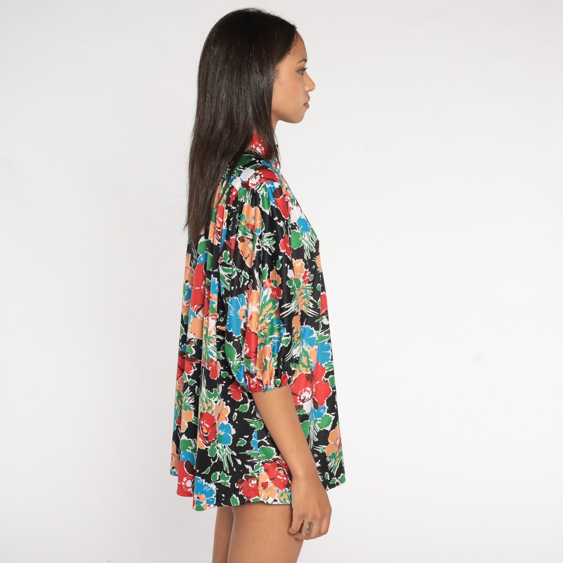 70s Floral Button-Up Blouse Black Multicolored Flower Print 3/4 Sleeve Extra Large