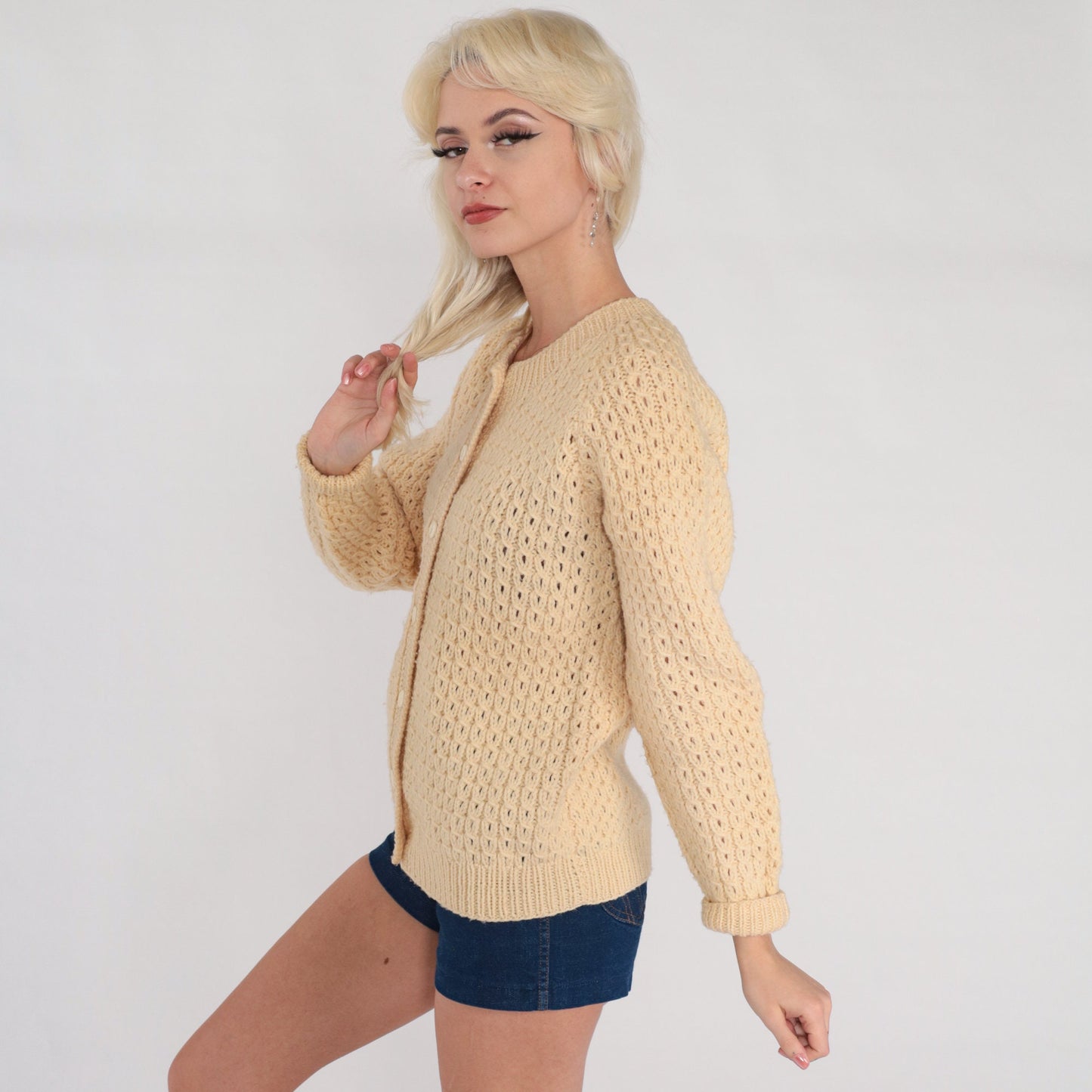 60s Cream Open Weave Cardigan Chunky Knit Button-Up Sweater Medium M