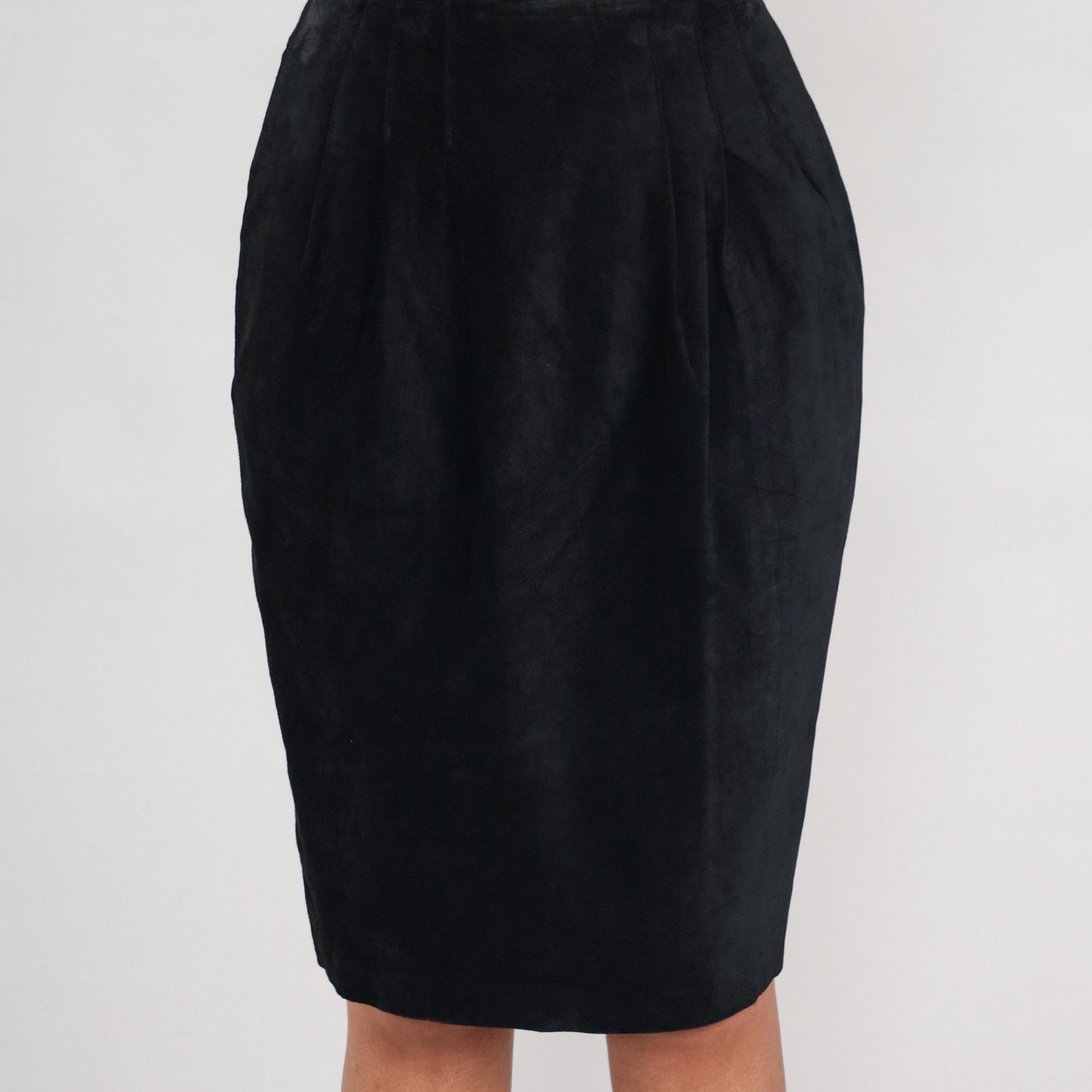 90s Black Suede Pencil Skirt Midi High Waist Pig Leather Small