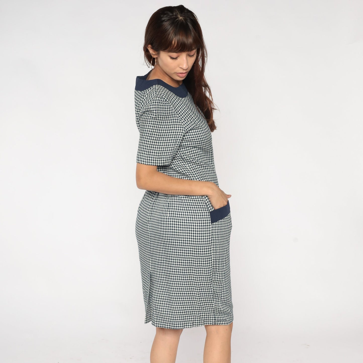 90s Gingham Shift Dress White Navy Checkered Mini Pocket Short Sleeve Medium