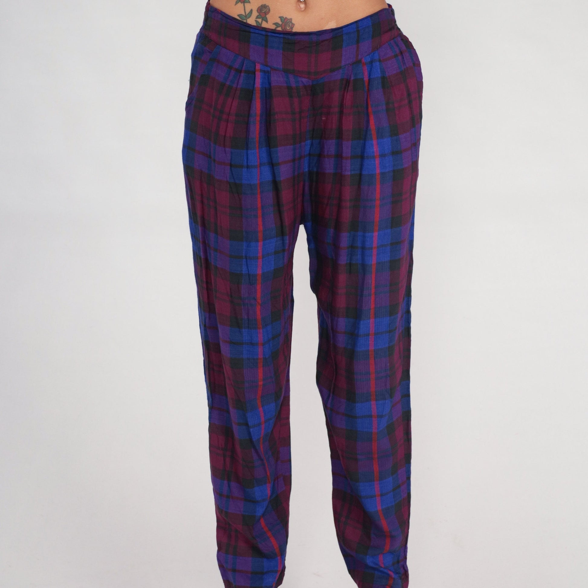 90s Plaid Tapered Trousers Purple Blue High Waisted Pleated Rayon Large