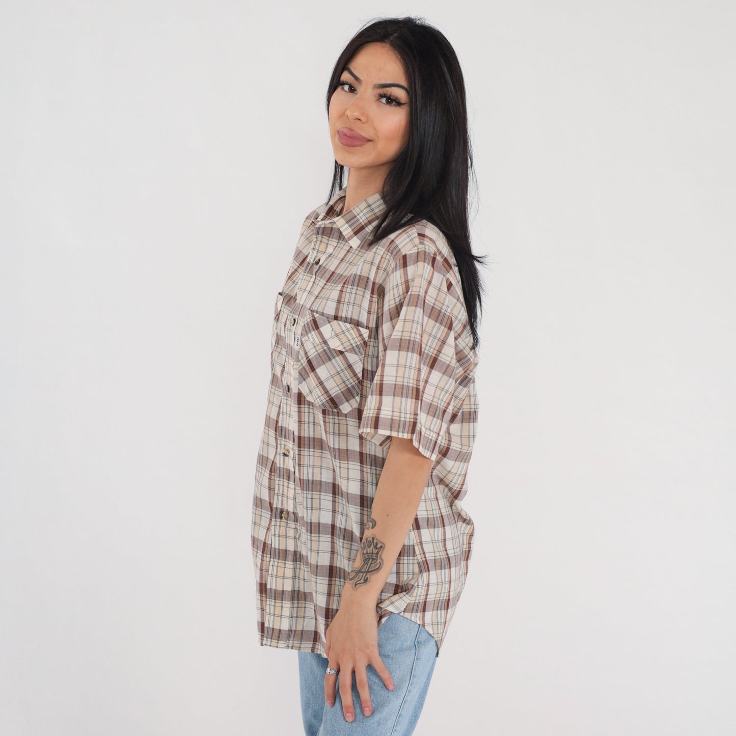 90s Levi's Plaid Button-Up Shirt Brown White Checkered Short Sleeve Men's Large