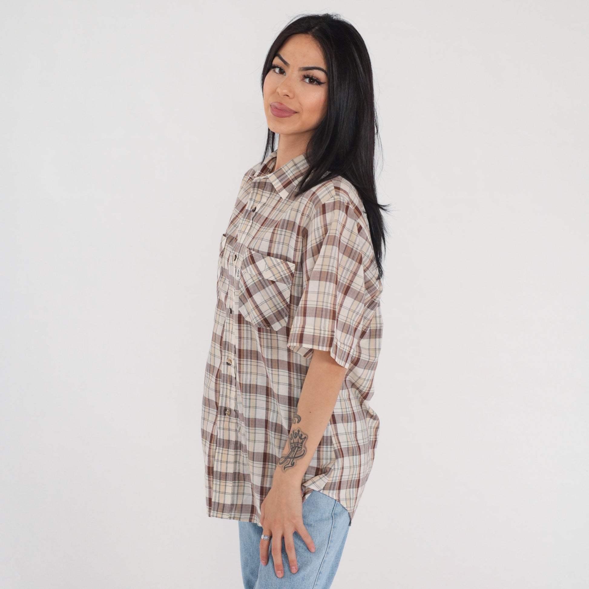 90s Levi's Plaid Button-Up Shirt Brown White Checkered Short Sleeve Men's Large