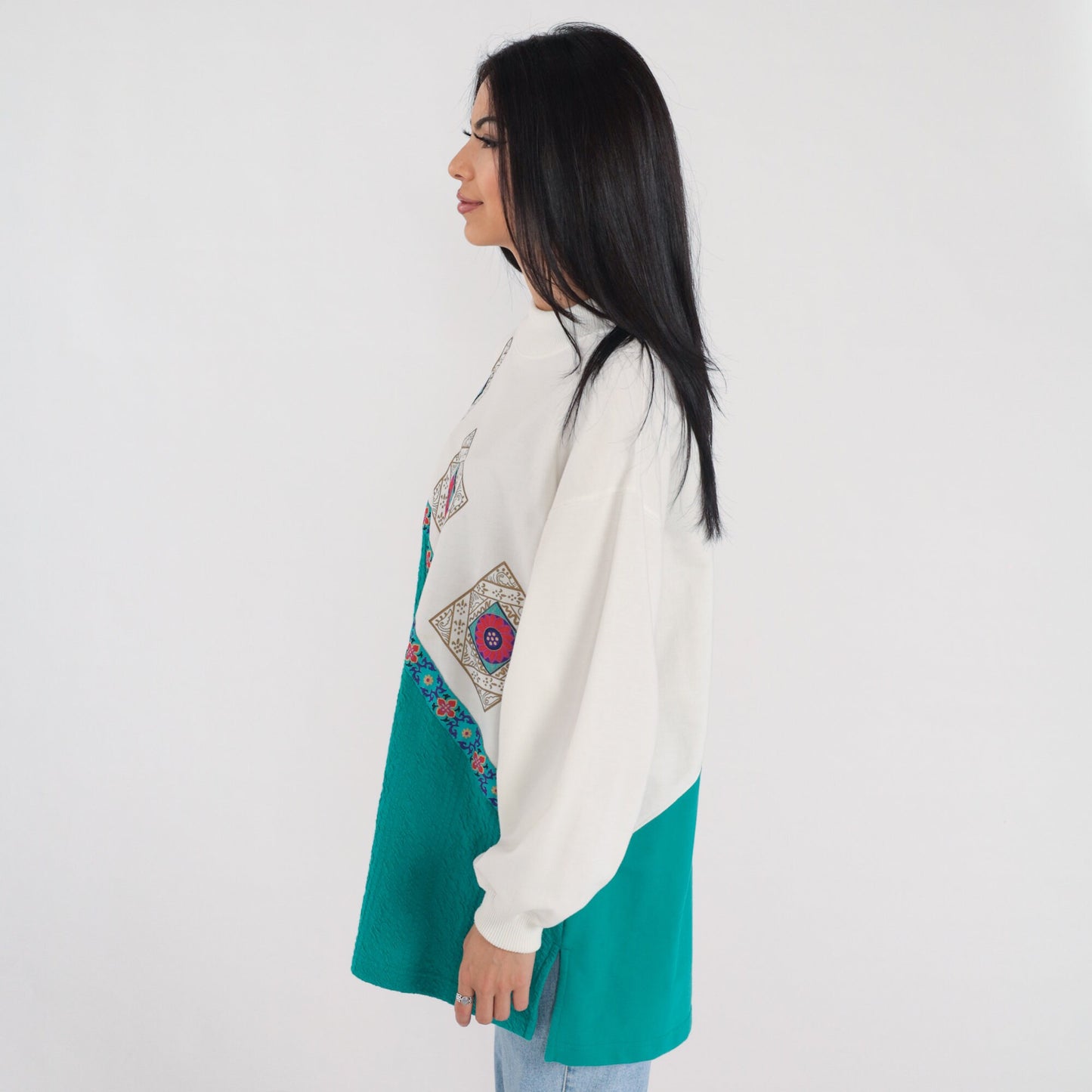 90s Floral Tile Print Color Block Long Sleeve Tee White Green Extra Large 1X