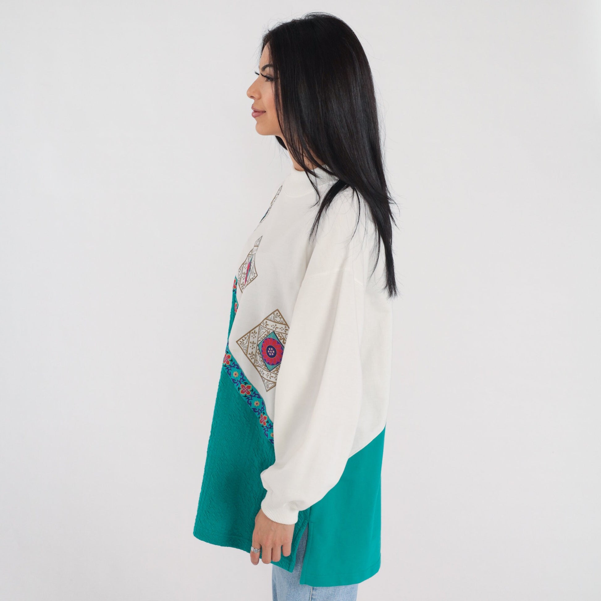 90s Floral Tile Print Color Block Long Sleeve Tee White Green Extra Large 1X