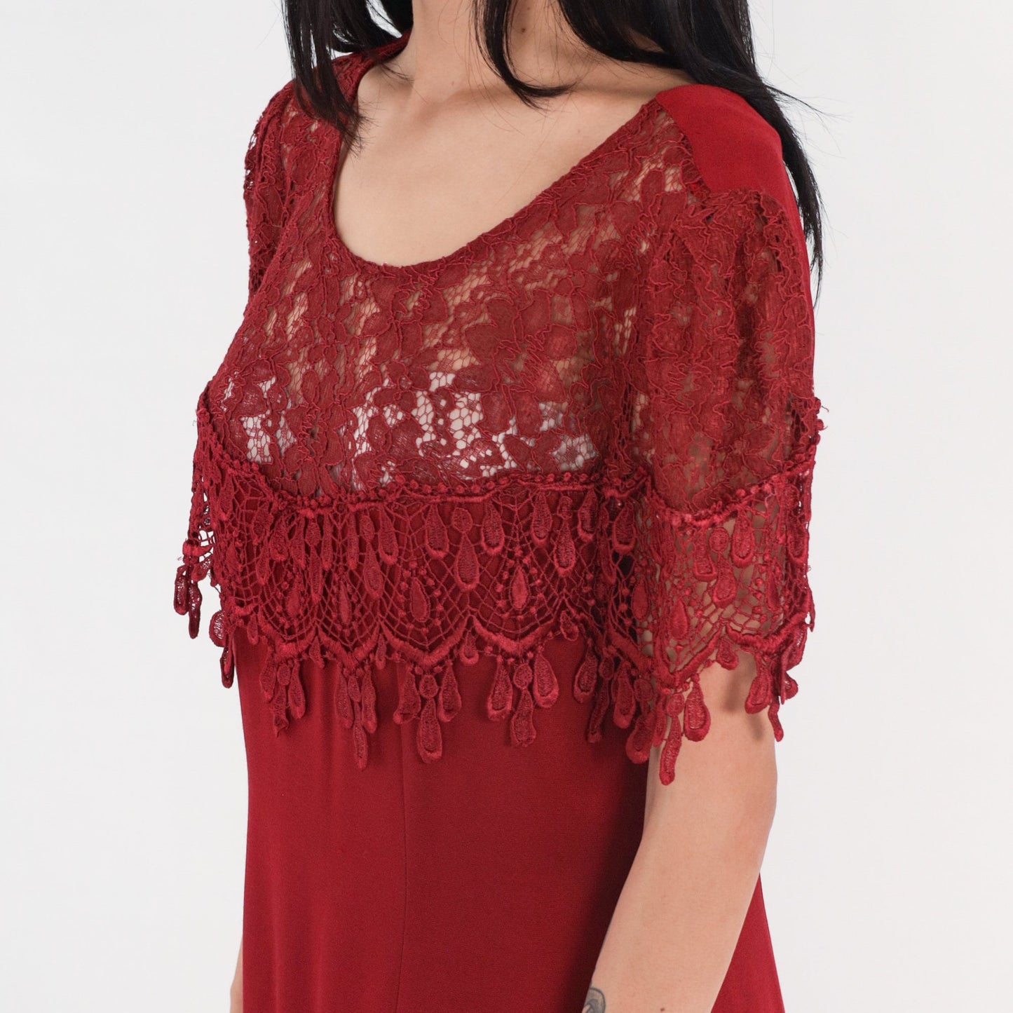 90s Red Lace Illusion Midi Dress Front Slit Short Sleeve Medium