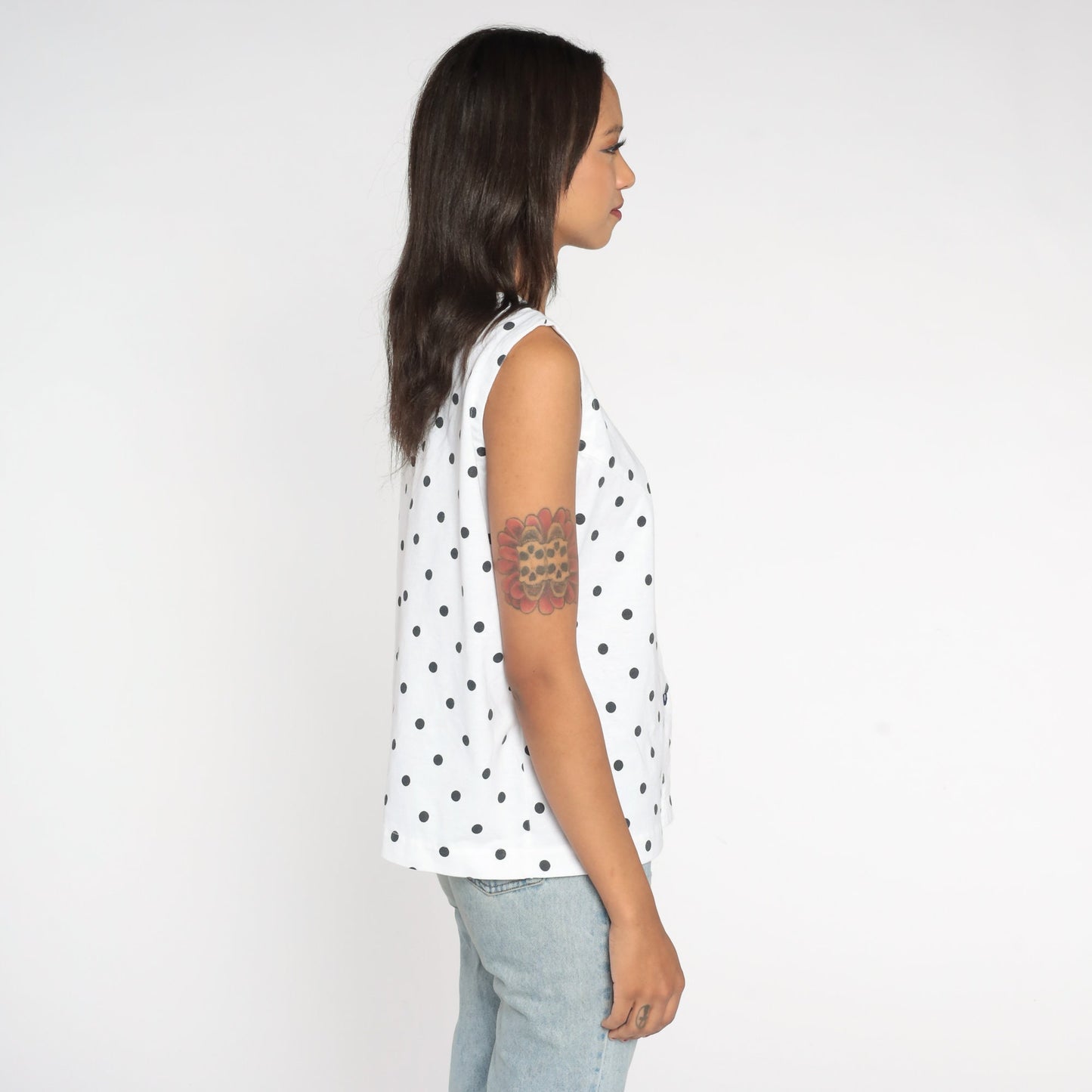 80s White Polka Dot Tank Top Heart Button Single Stitch Small