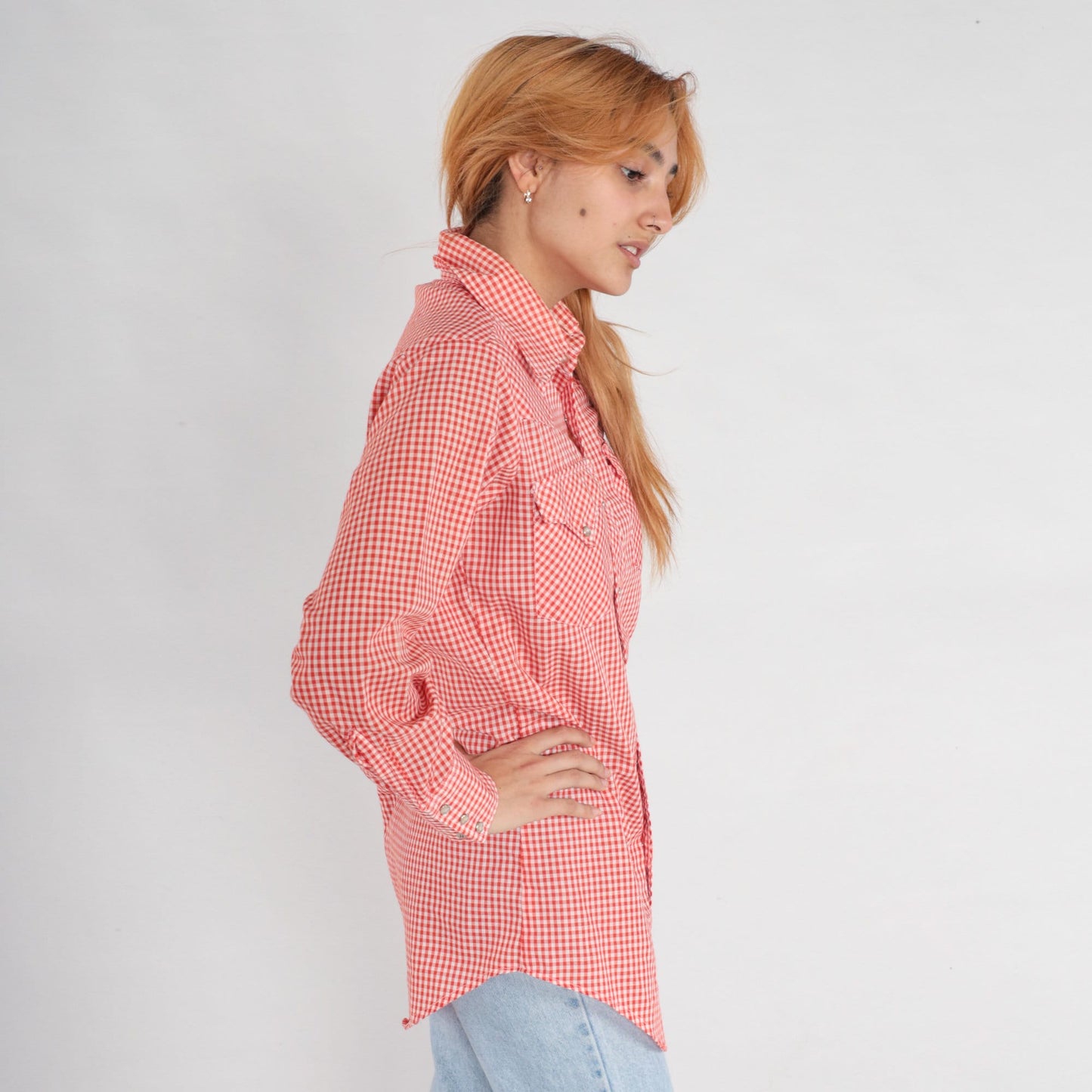70s Lee Red Gingham Pearl Snap Western Shirt Plaid Cotton Blend Small
