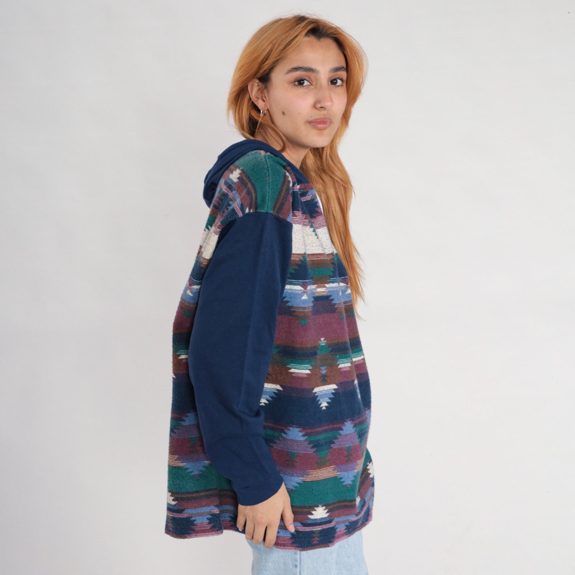 90s Southwestern Aztec Hooded Fleece Tee Dark Blue Cotton Large