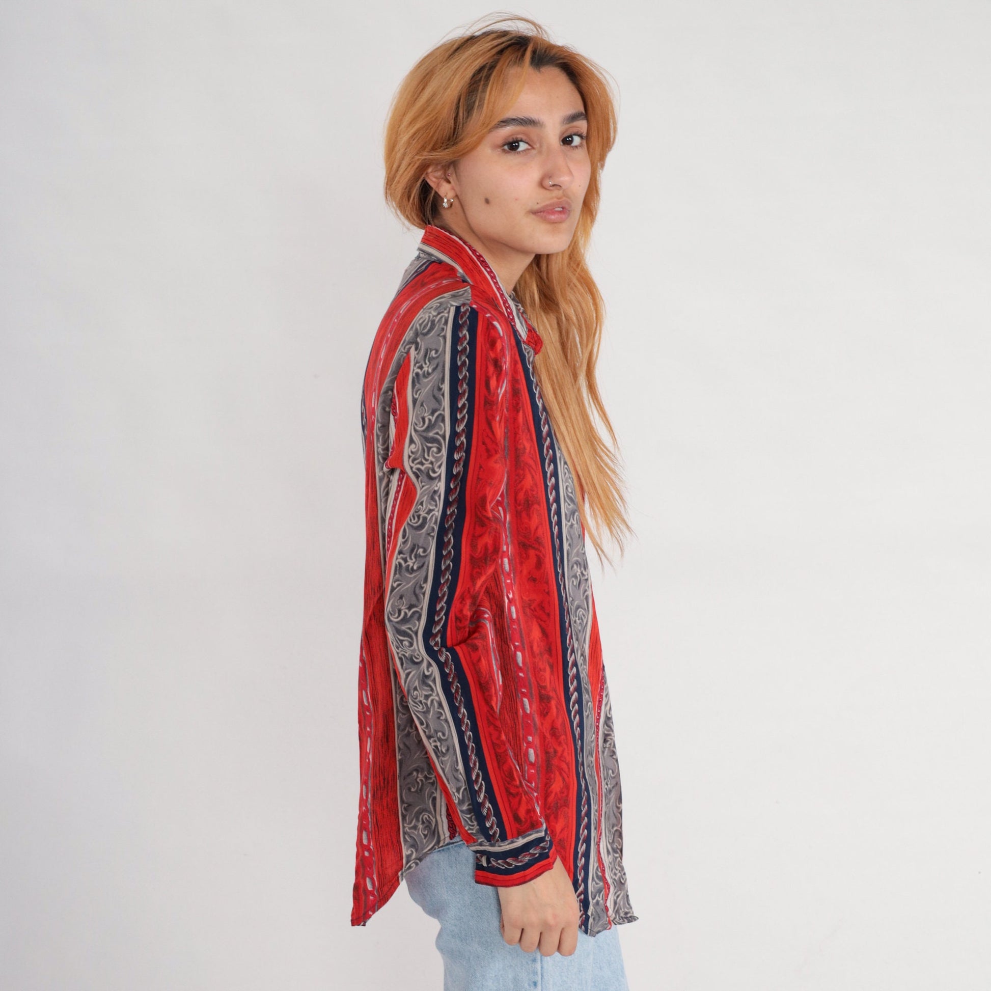 90s Silk Baroque Striped Button-Up Blouse Chain Print Red Grey Medium