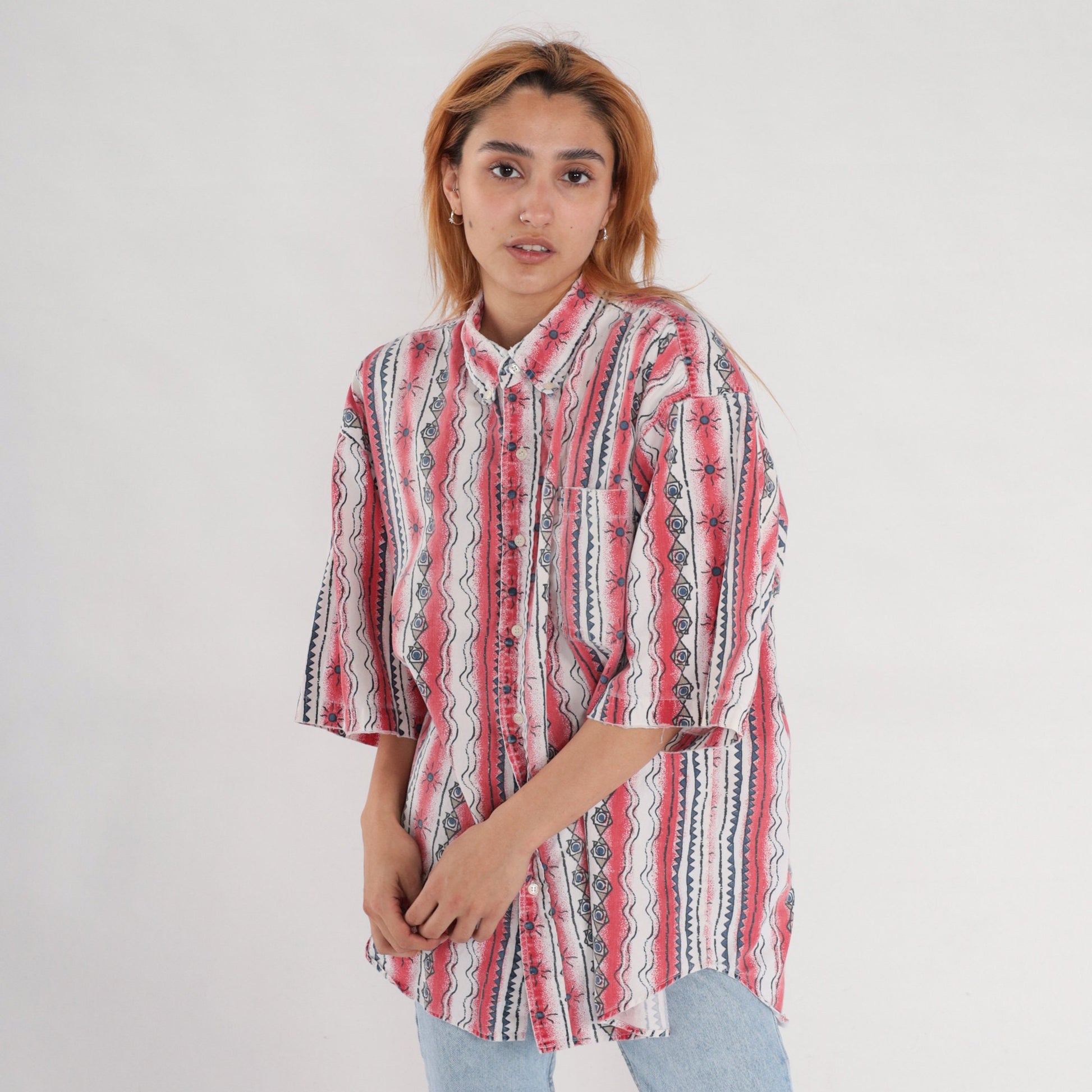 90s Celestial Red Striped Button Up Shirt Geometric Sun Print Extra Large