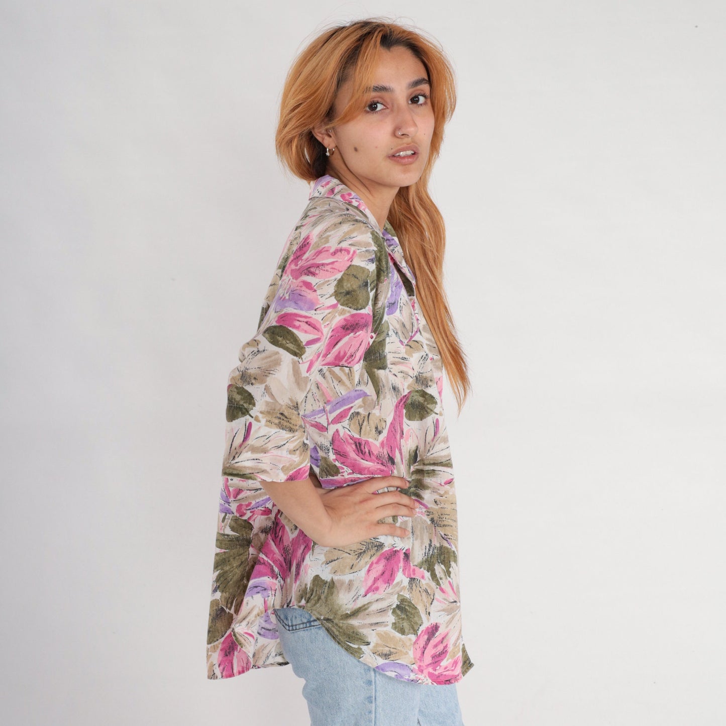 90s Floral Button Up Blouse Tan Olive Green Purple Pink 3/4 Sleeve XXL