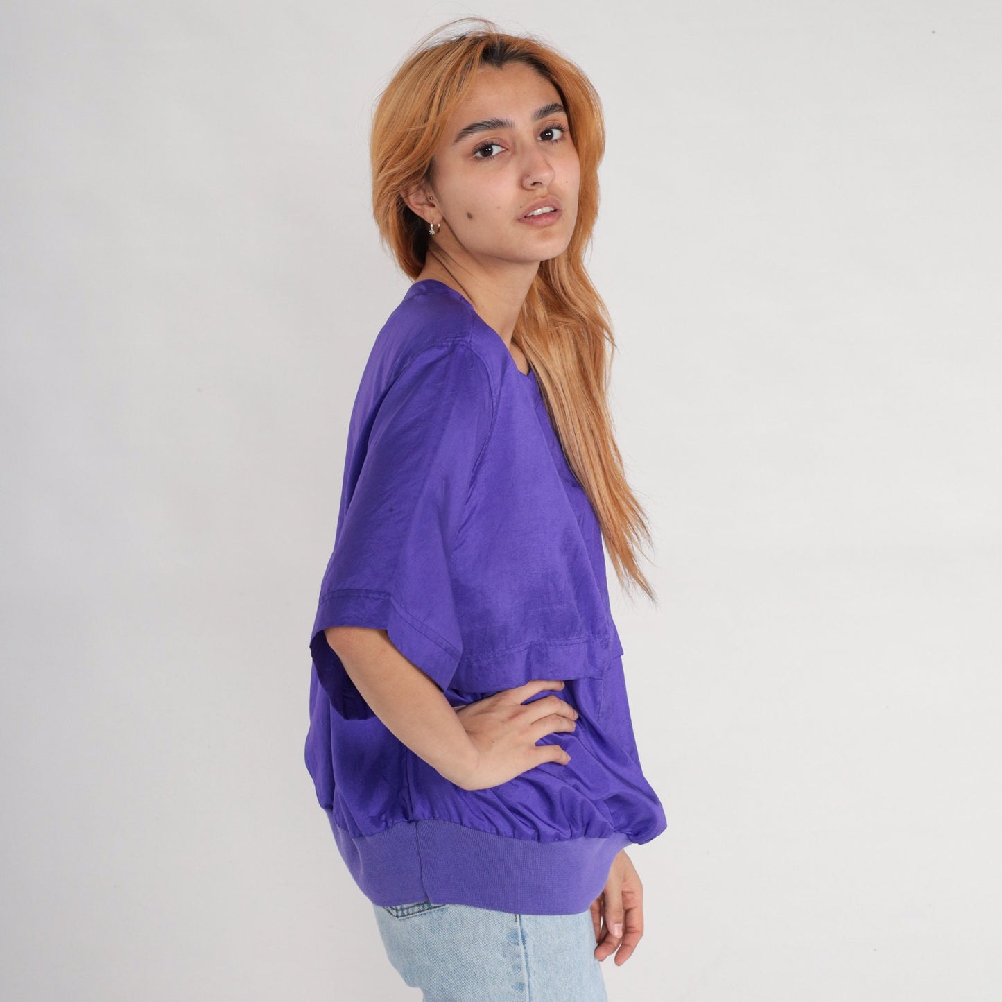 90s Leslie Fay Purple Button-Up Blouse Half Sleeve Banded Hem XXL