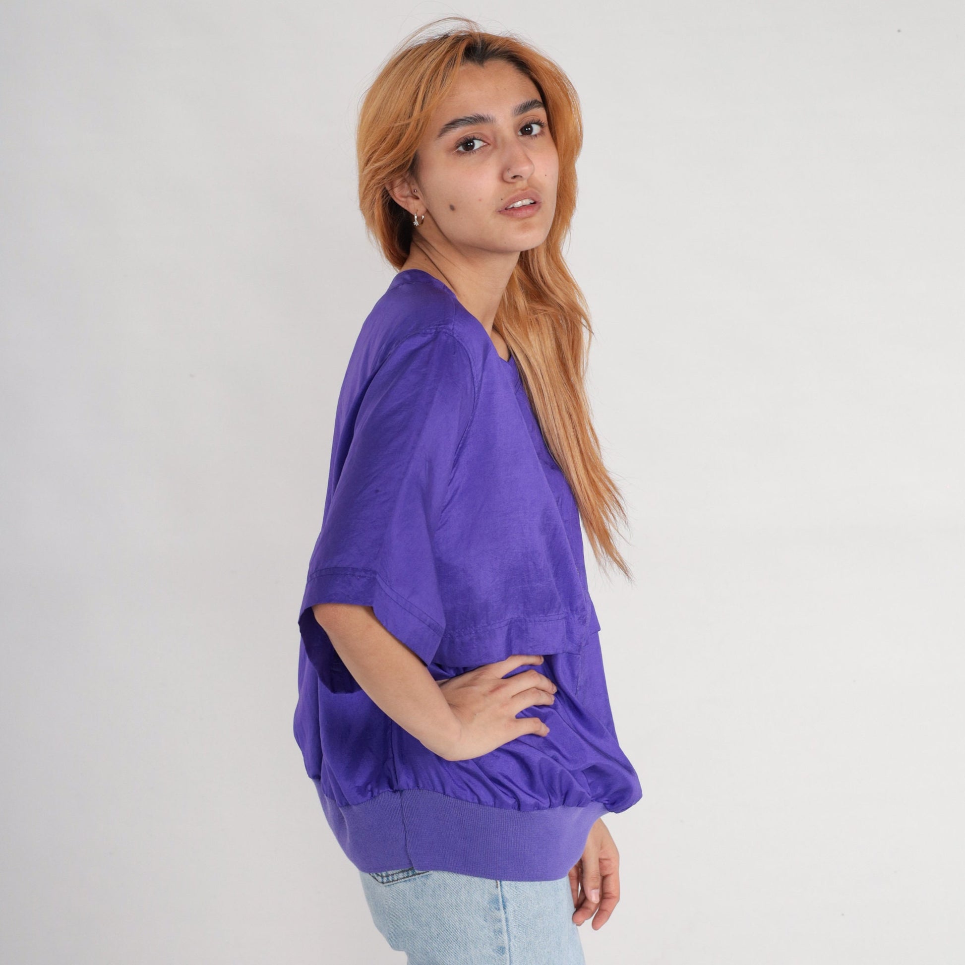 90s Leslie Fay Purple Button-Up Blouse Half Sleeve Banded Hem XXL