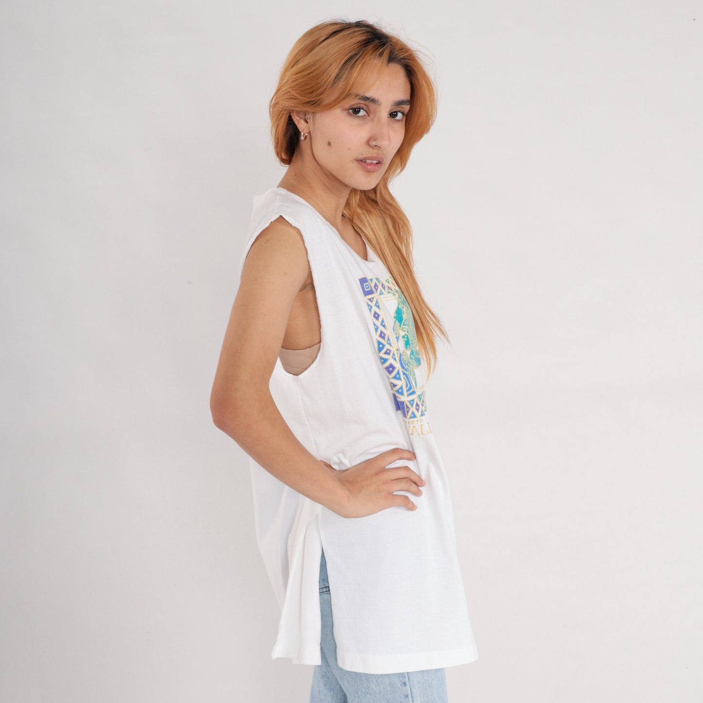 90s Puerto Vallarta Sea Turtle Tank Top White Gold Graphic Medium Large