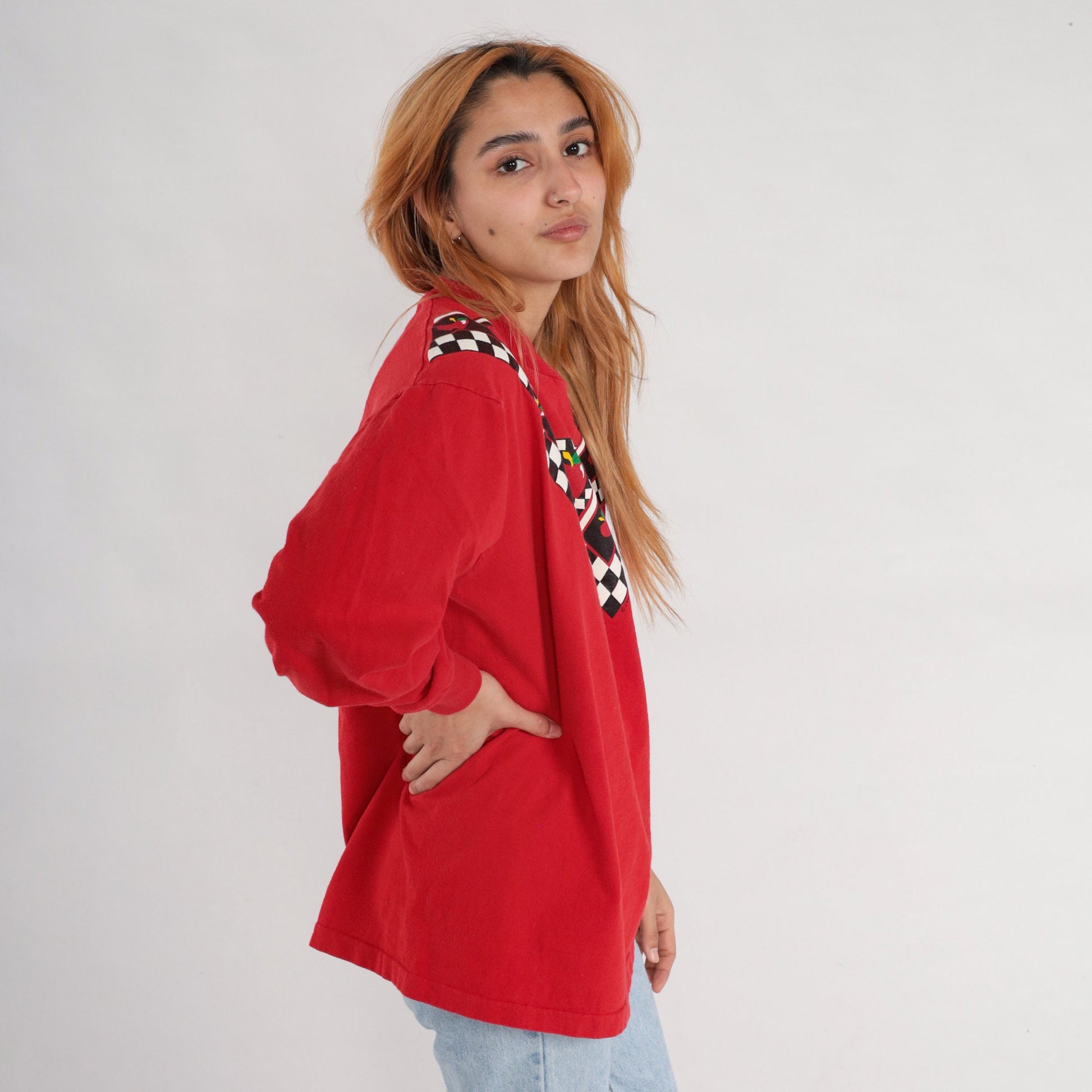 90s Apple Checkered Print Long Sleeve T-Shirt Red Extra Large XL