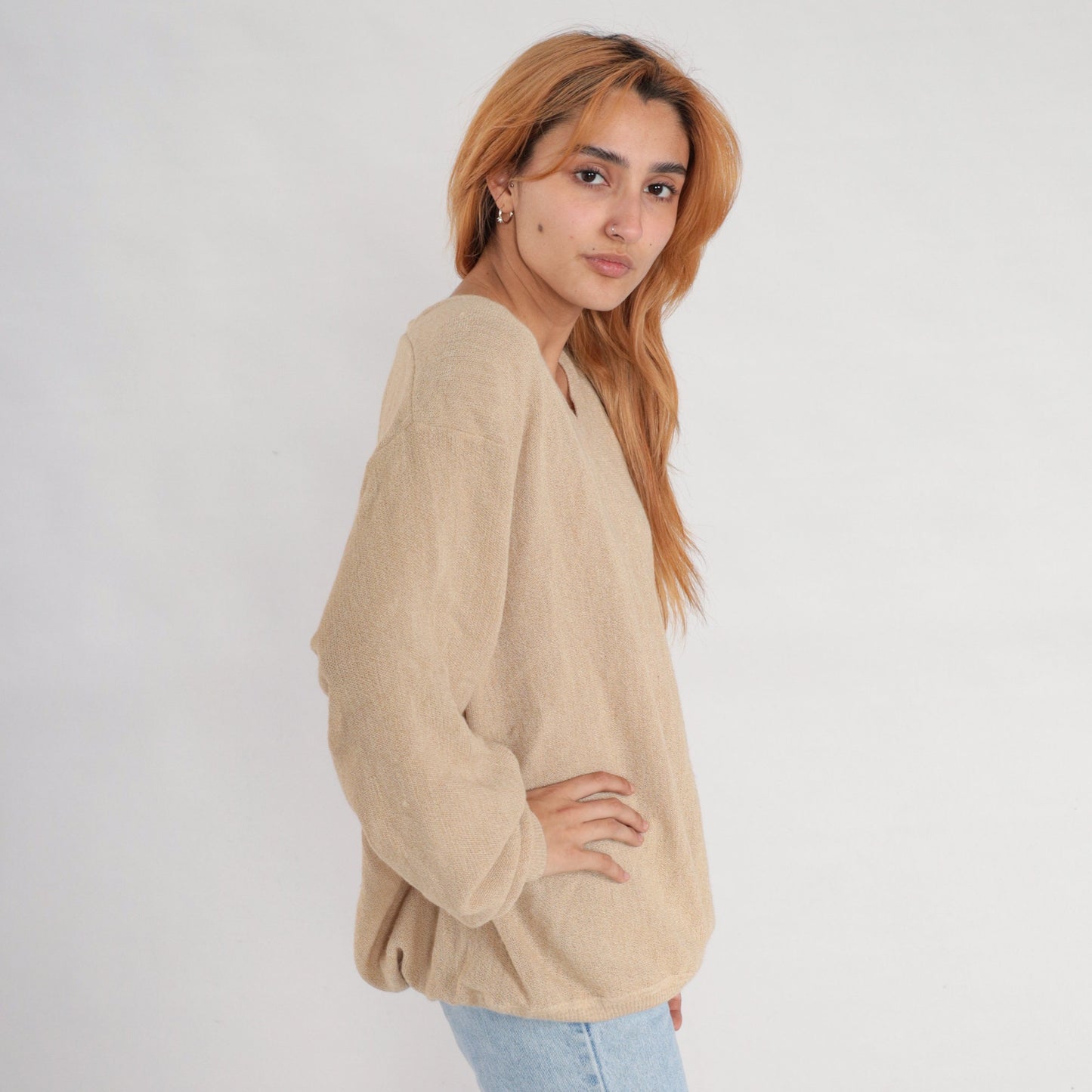 90s Tan Alpaca Wool V-Neck Sweater Pullover Knit Extra Large