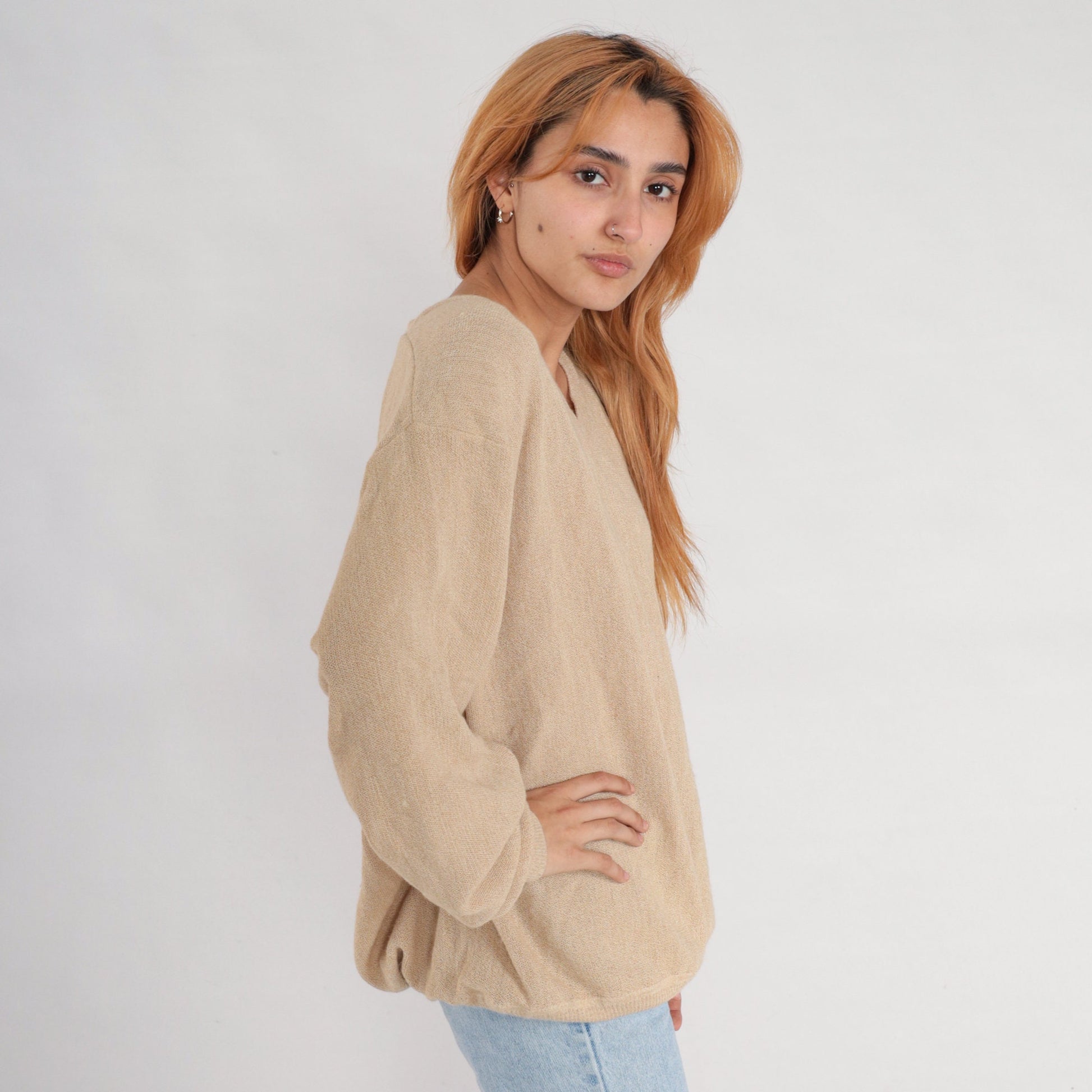 90s Tan Alpaca Wool V-Neck Sweater Pullover Knit Extra Large