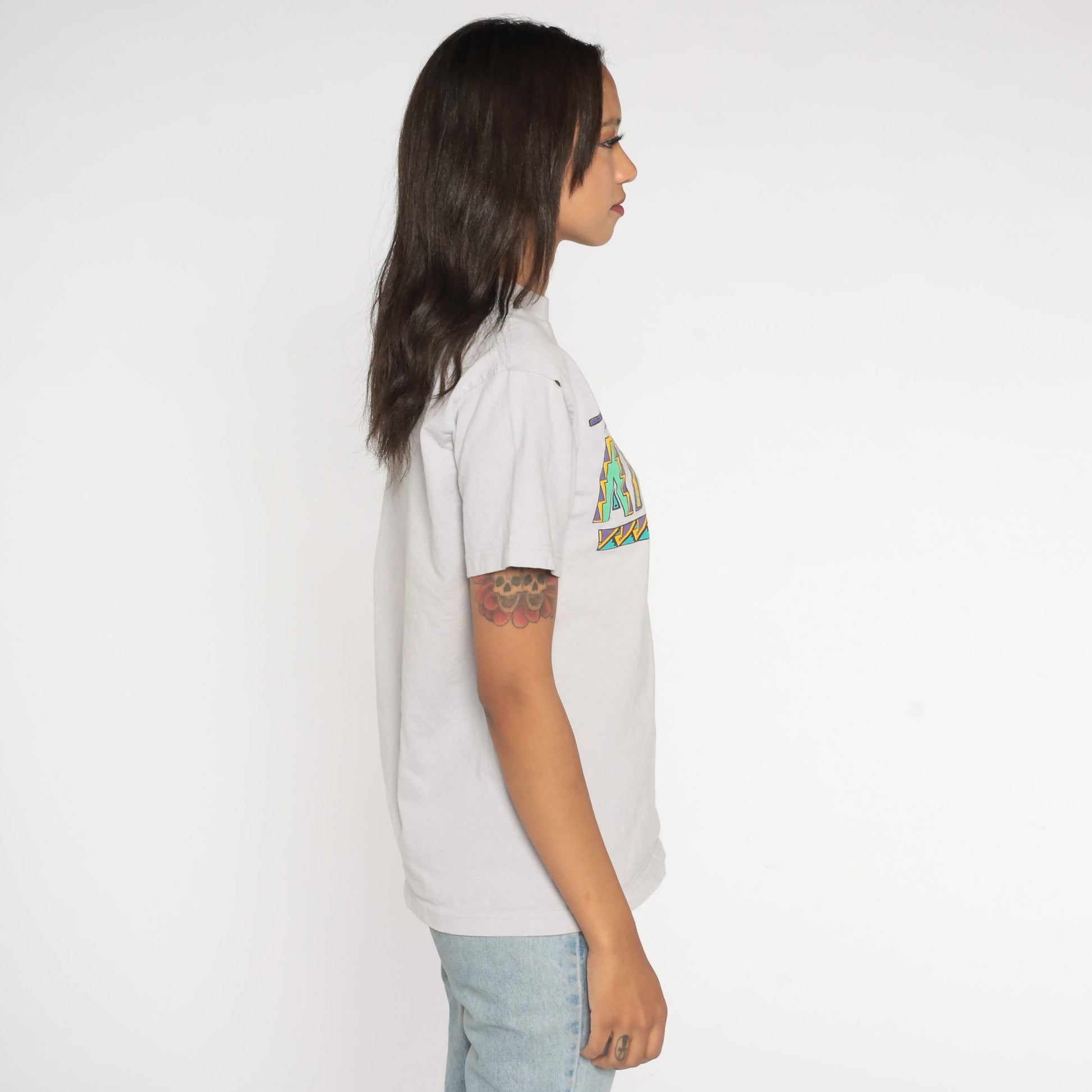 Y2K Arizona Southwestern Cactus Graphic T-Shirt Grey Cotton Medium